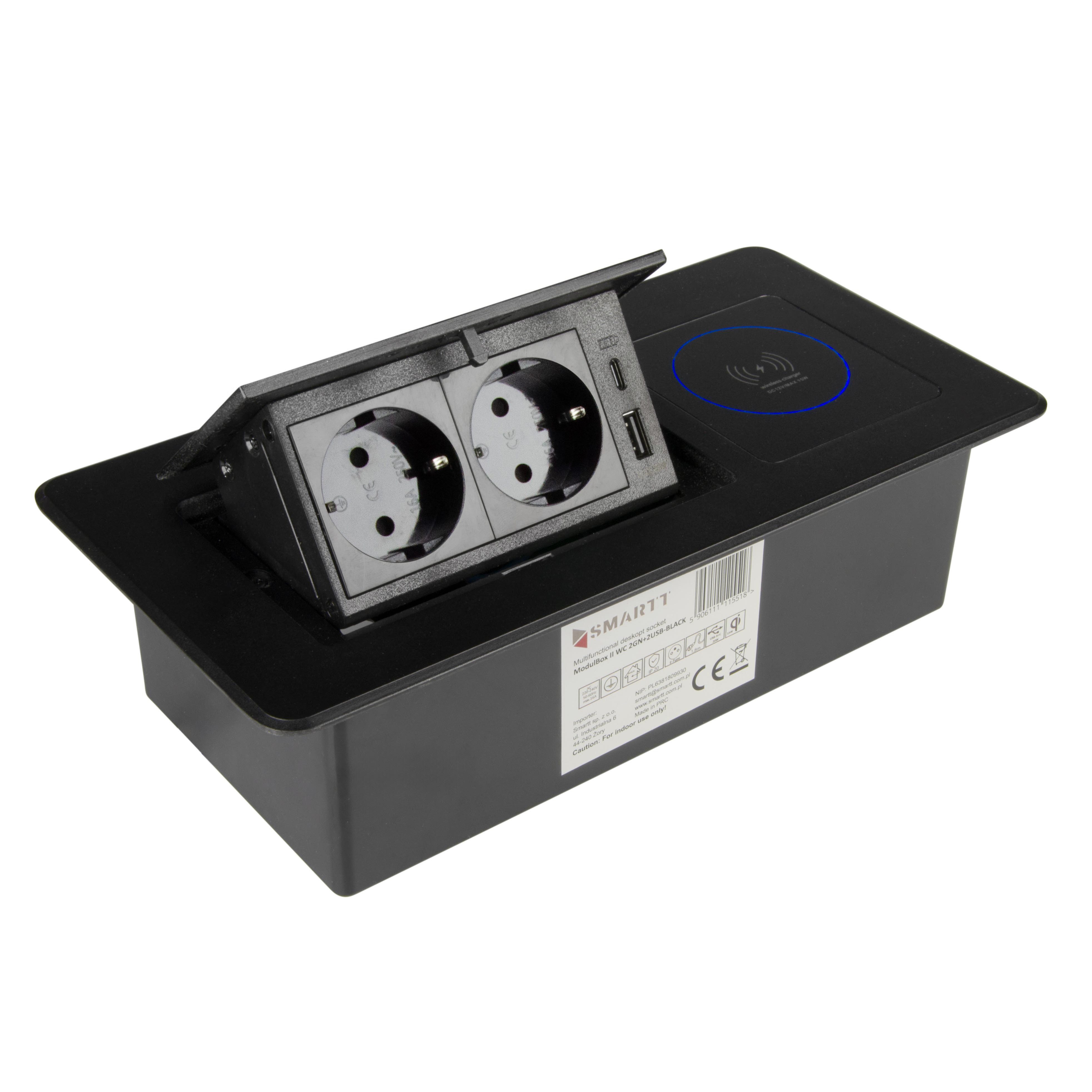 WOPLUS Versenkbare Einbausteckdose Schwarz 2-fach USB-A C Induktionsladen Einbau-Tischsteckdose 2-fach (Erhöhter Berührungsschutz Überlastschutz)