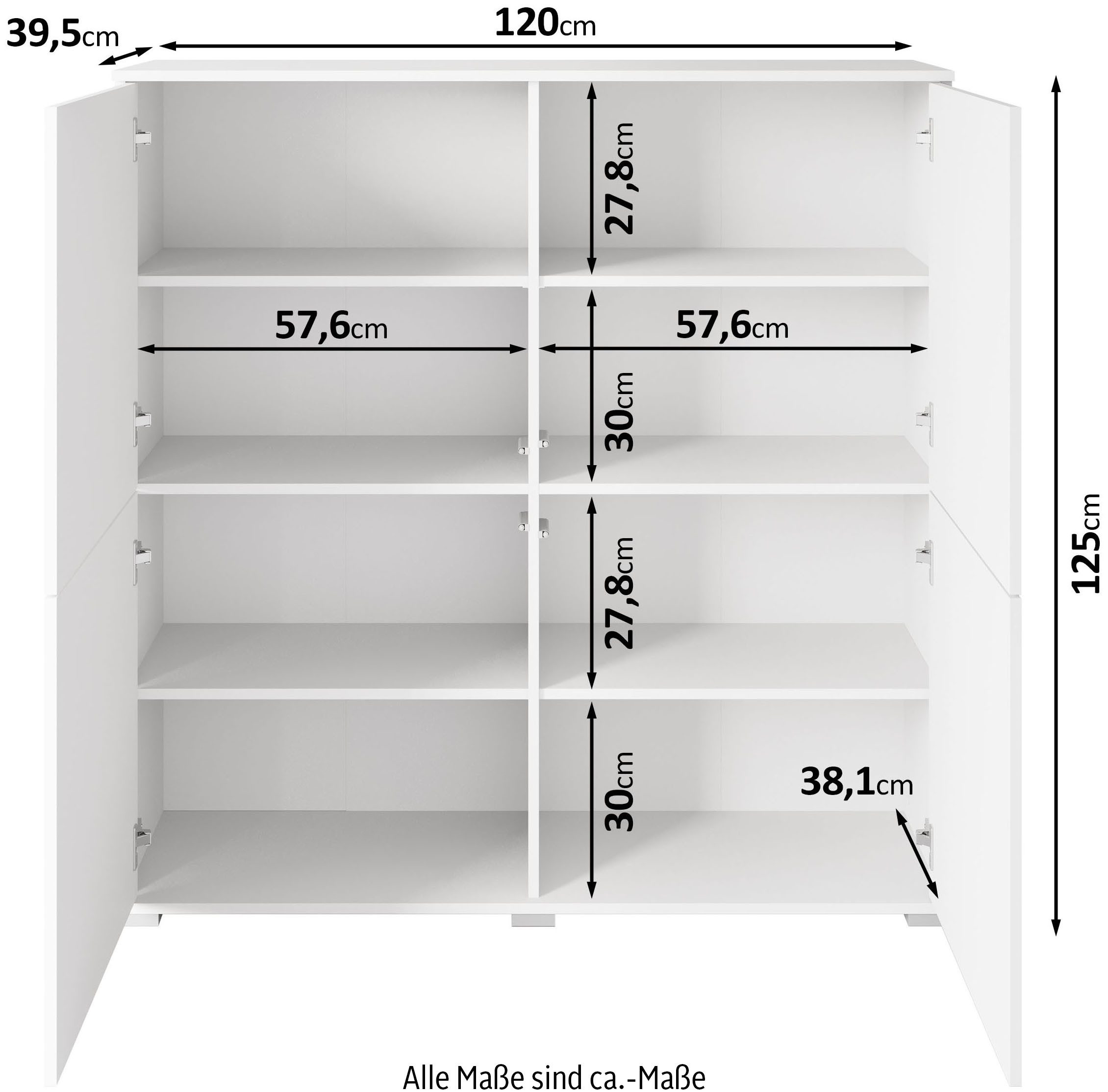 OTTO home Highboard Kenia, moderne grifflose Hochkommode mit 4 Türen, Breite 120 cm (1 St), Push-to-Open-Fronten, höhenverstellbaren Einlegeböden