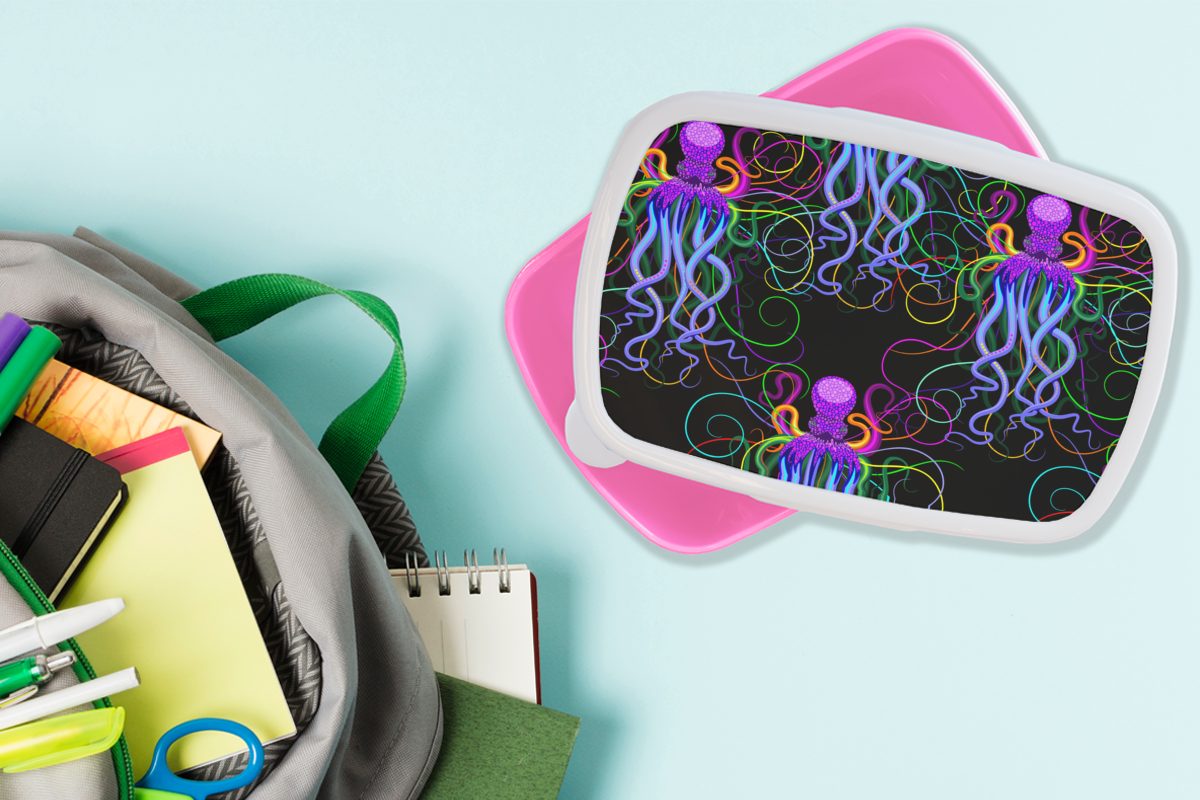MuchoWow Lunchbox Oktopus - Regenbogen Muster, Erwachsene, Brotdose Snackbox, rosa Abstrakt Neon für Kunststoff, - (2-tlg), Mädchen, - - Brotbox Kinder, Kunststoff
