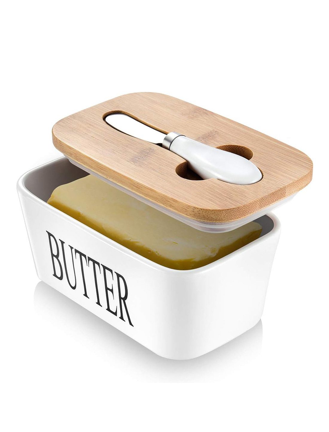 FANNOU Butterdose Große für 250g Butter mit Messer, Keramik Butterdosen, Double-Layer-Silikon-Dichtung Buttebox- Gute Küche Geschenk