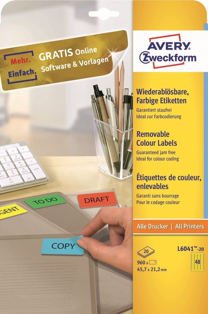 Avery Zweckform Etiketten Etiketten Inkjet/Laser/Kopier 45,7x21,2mm VE=960 Stück gelb (5 Stück)