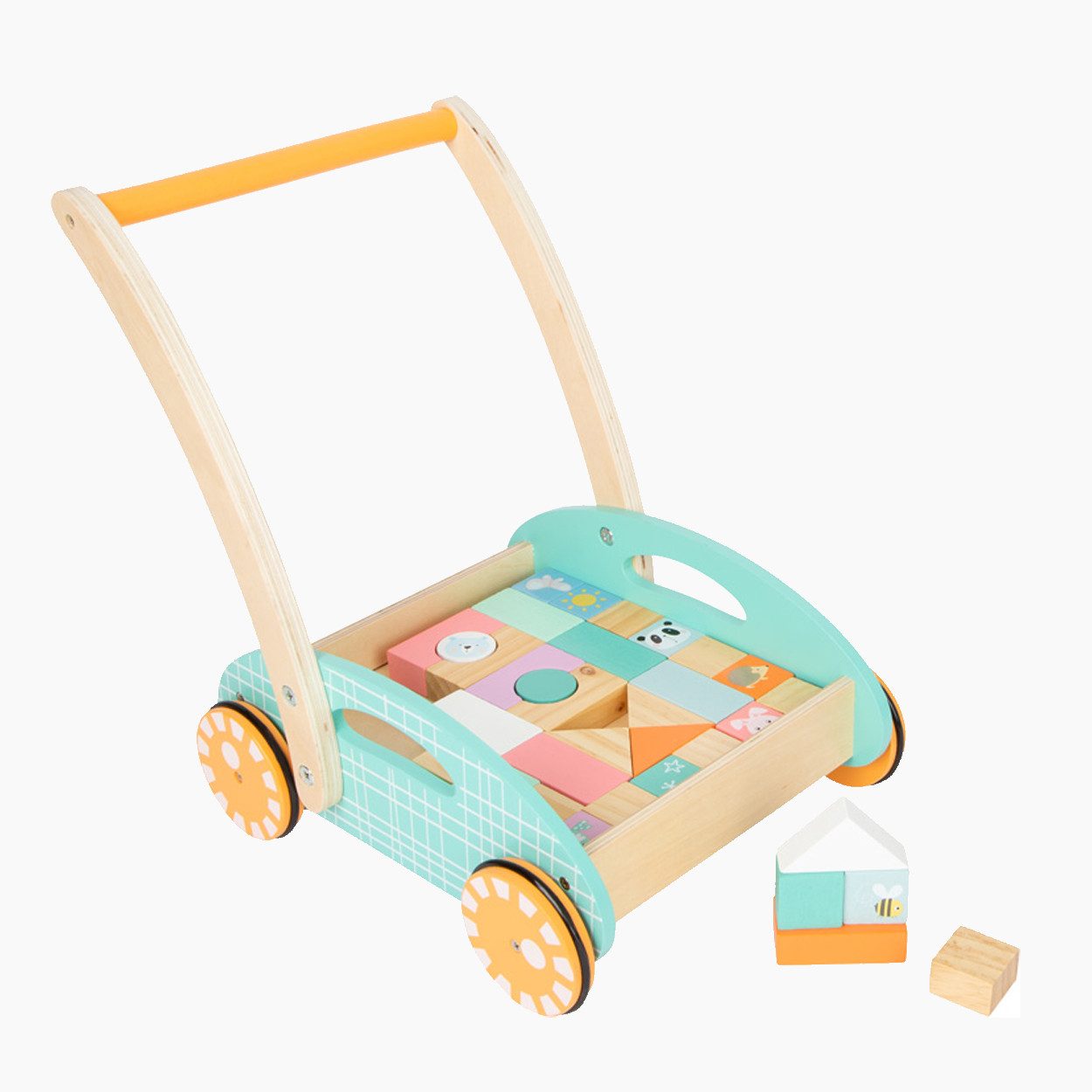 Small Foot Lauflernwagen Lauflernwagen Pastell, (packung, 35-tlg., 1 Lauflernwagen mit 34 Bausteine), für erste Schritte, fördert Kreativität und Motorik.