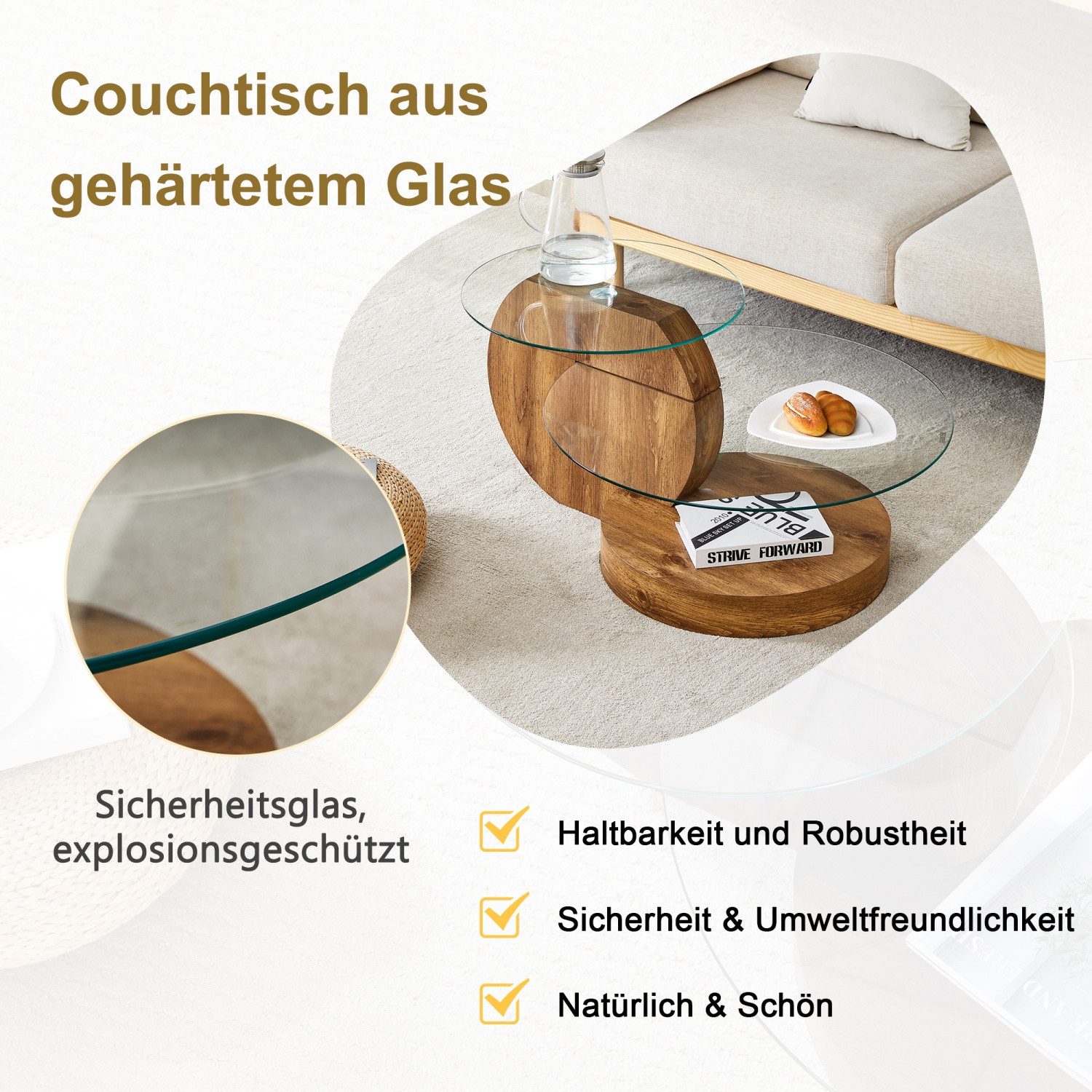 ANYSUN Couchtisch gehärteter Glas-Couchtisch, Wohnzimmertisch Modern (mehrschichtiges Design, Büro Beistelltisch), Beistelltisch Set Loft Design Wohnzimmertisch