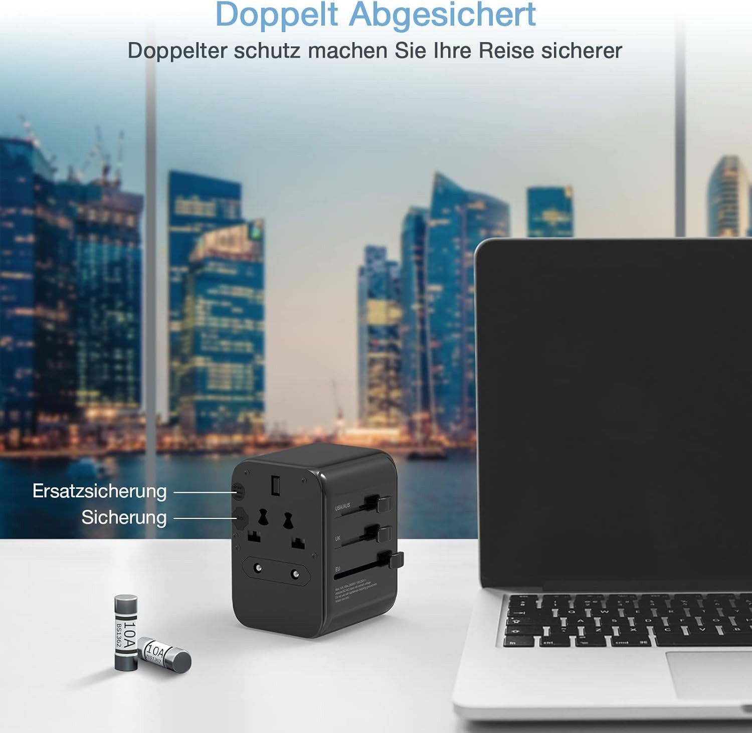 TESSAN Reiseadapter Weltweit Universal Reisestecker mit 3 USB A und 1 USB C Reiseadapter AC Buchse, USB A, USB C, Typ A Buchse zu US Plug(Typ A), UK Plug (Typ G), EU Plug (Typ C), AUS Plug (Typ I), Dieser Reiseadapter wird mit zwei Überlastsicherungen (10A) geliefert