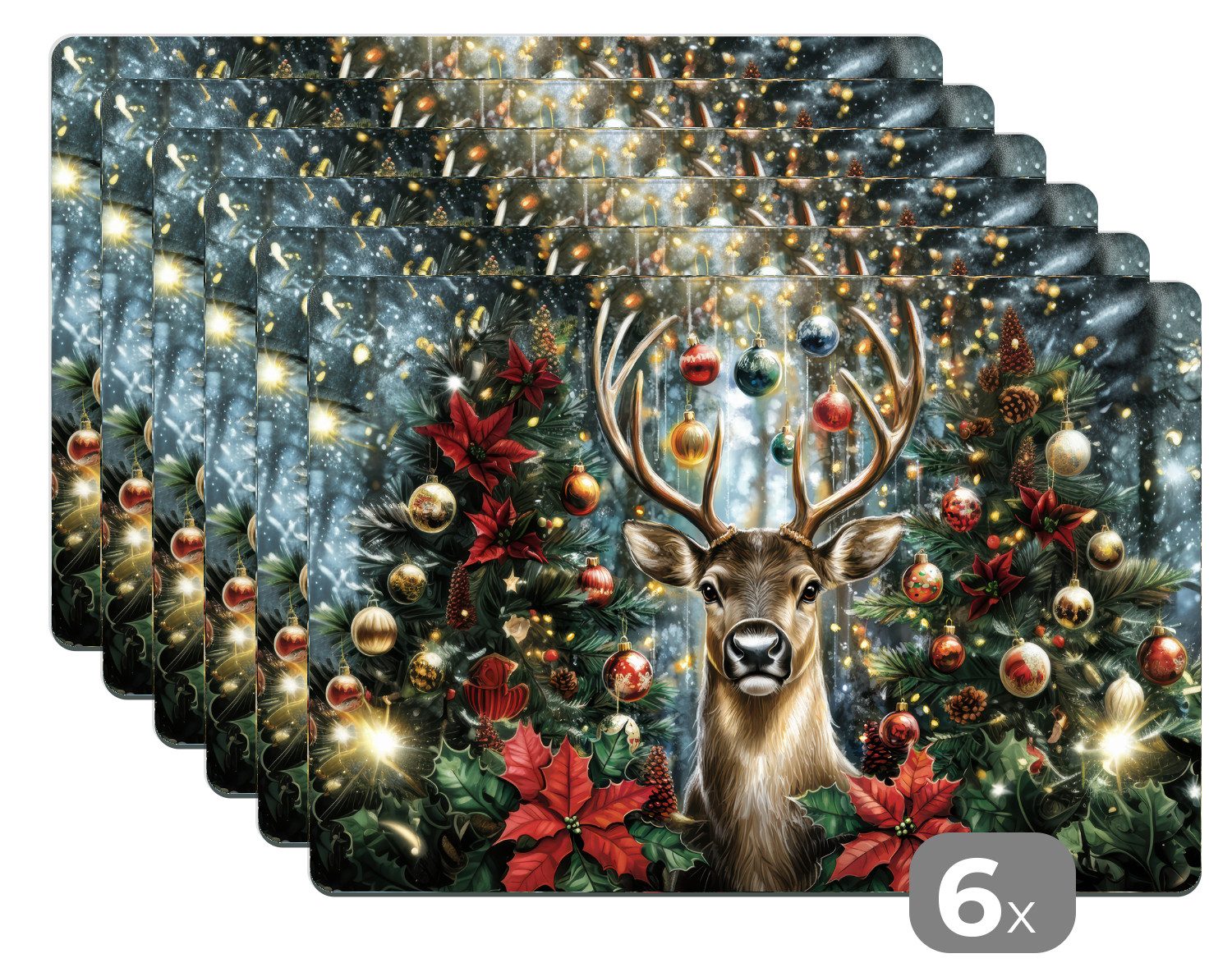 MuchoWow Platzset Weihnachtsfeier - Tannenwald - Rot, (6-St), Platzsets, Tischset, Abwaschbar, Tischsets, Platzdeckchen