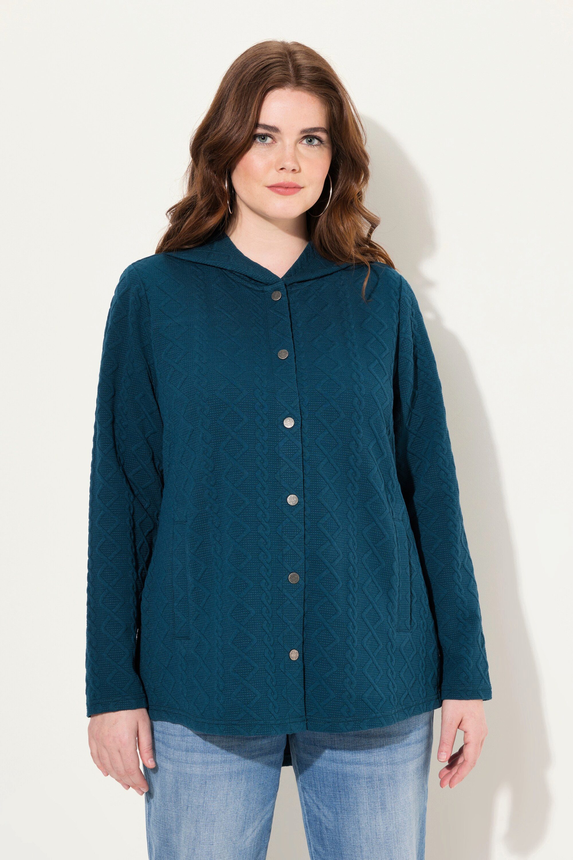 Ulla Popken Sweatjacke Hoodie-Jacke Zopfmuster Druckknöpfe günstig online kaufen