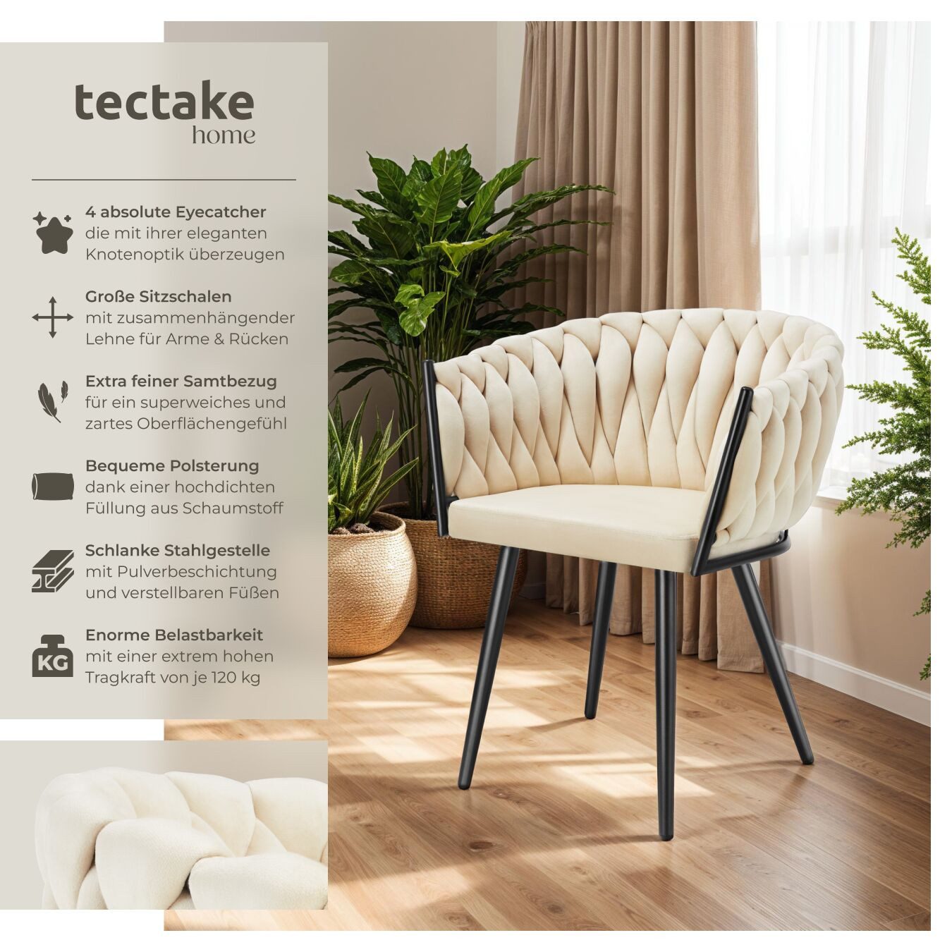 tectake Esszimmerstuhl Samtstuhl gepolstert, mit Samtbezug, Knotendesign, 60,5 x 55 x 75 cm (Polsterstuhl Astano in Sand, 4 St), Stahlbeine, höhenverstellbare Kunststofffüße, Belastbarkeit 120 kg