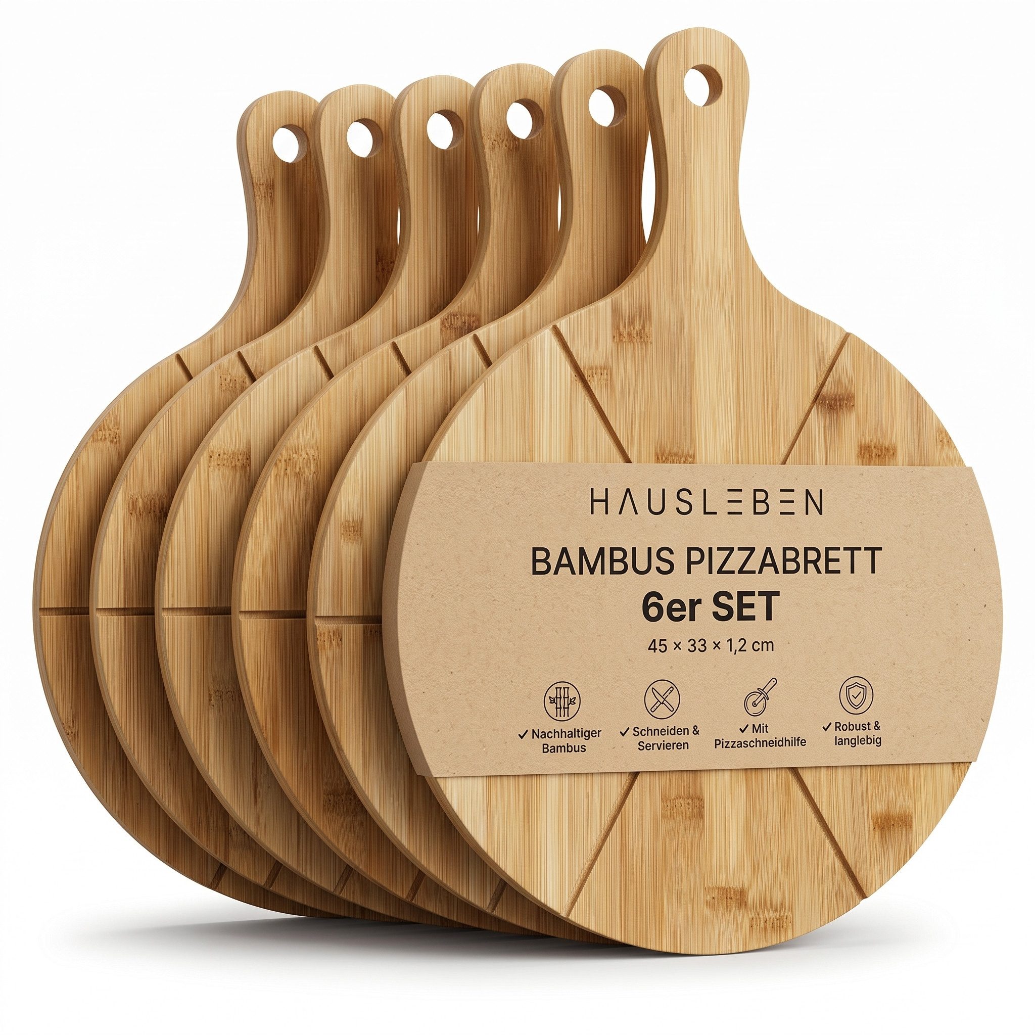 hausleben Pizzaschneidebrett Pizzabrett - Rundes Schneidebrett mit Griff und Schneiderillen, Bambus Pizzabrett, (Holz Pizzateller für Flammkuchen, 6-St., 2 Servierplatten), Holzteller Servierbrett für Pizza, Leicht zu Reinigen