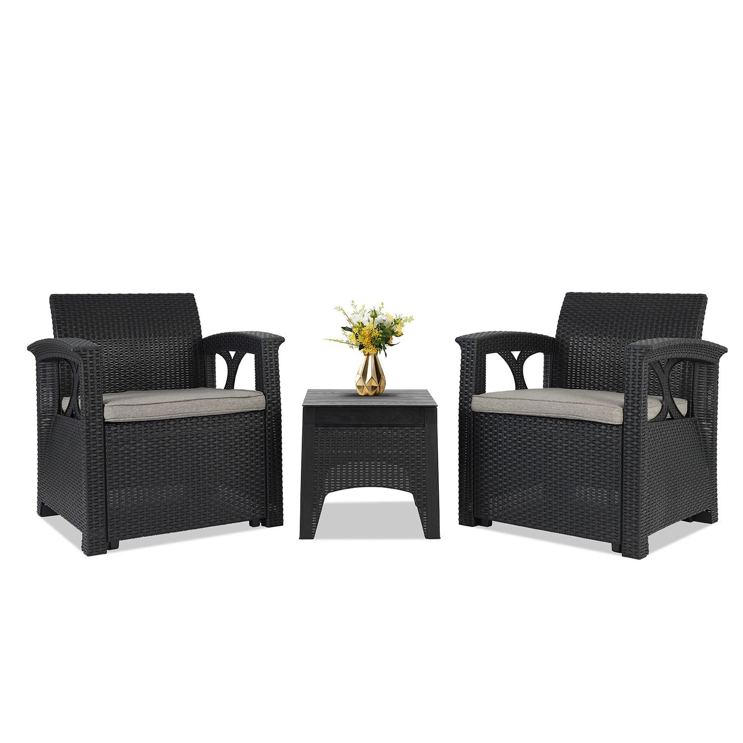 Sekey Balkonset Balkonmöbel in Rattan-Optik, Polyrattan 2 Stühle mit Tisch & Kissen, (3-tlg), Terrassenmöbel Outdoor für Terrasse, Balkon, Garten - Schwarz-Grau