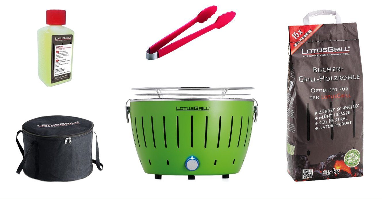 LotusGrill Holzkohlegrill LotusGrill S Starter-Set Limettengrün – raucharm, kompakt & komplett