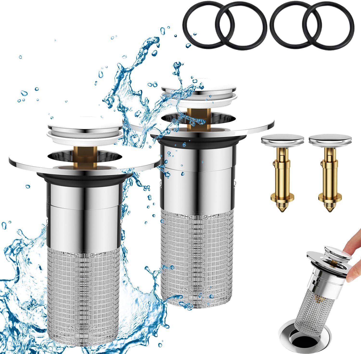 TUWENA Waschbeckenstöpsel 2 Stück 304 Edelstahl Pop Up Abflusssieb, Abflussstopfen Waschbecken, mit Haarsieb, Universelle Waschbeckenstöpsel (34-40mm)