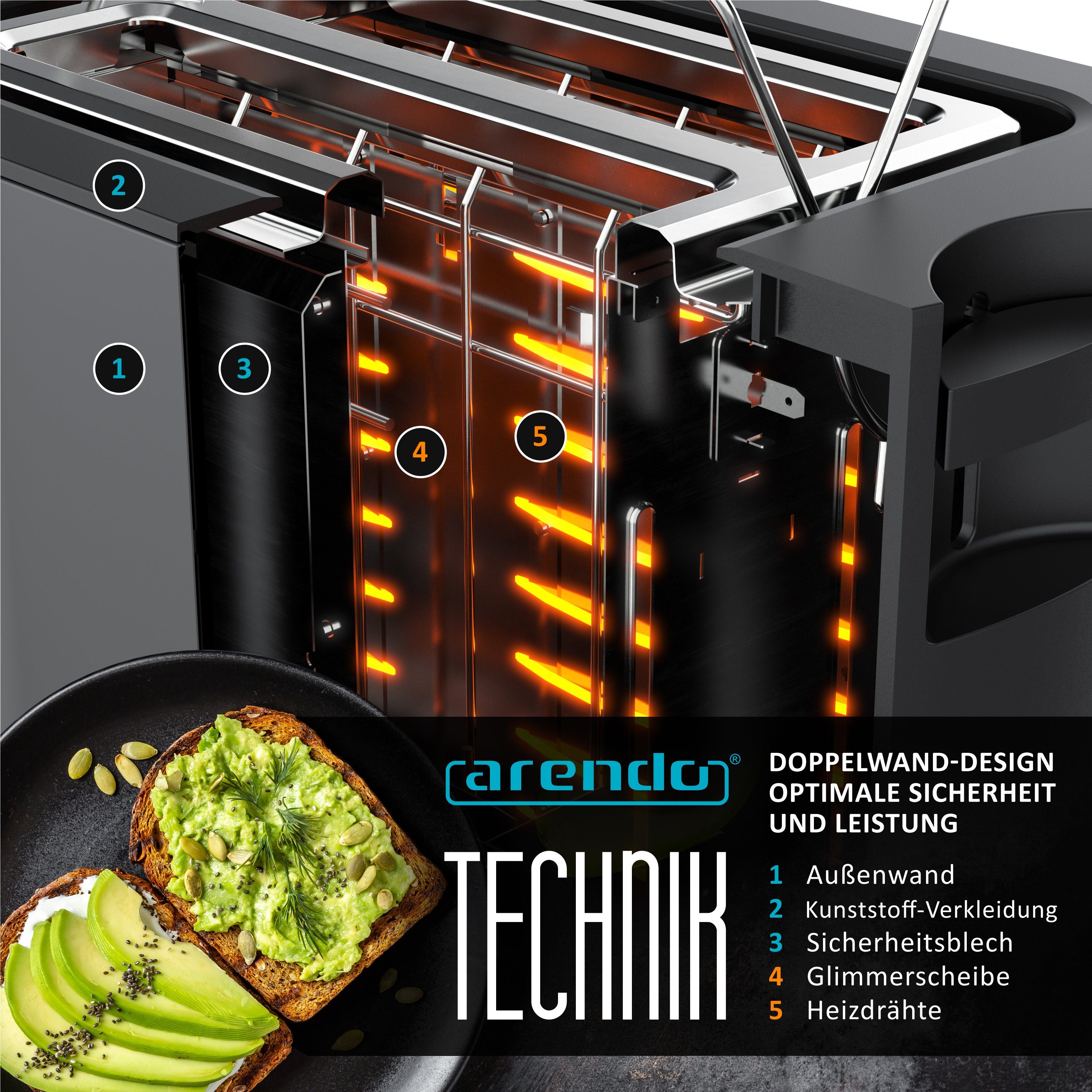 Arendo Toaster Wärmeisoliertes Doppelwandgehäuse, 2-Scheiben, Display Restzeitanzeige, 2 kurze Schlitze, für 2 Scheiben, 800 W, Edelstahl, Kurzschlitz, Brötchen – Bild 5 von 5
