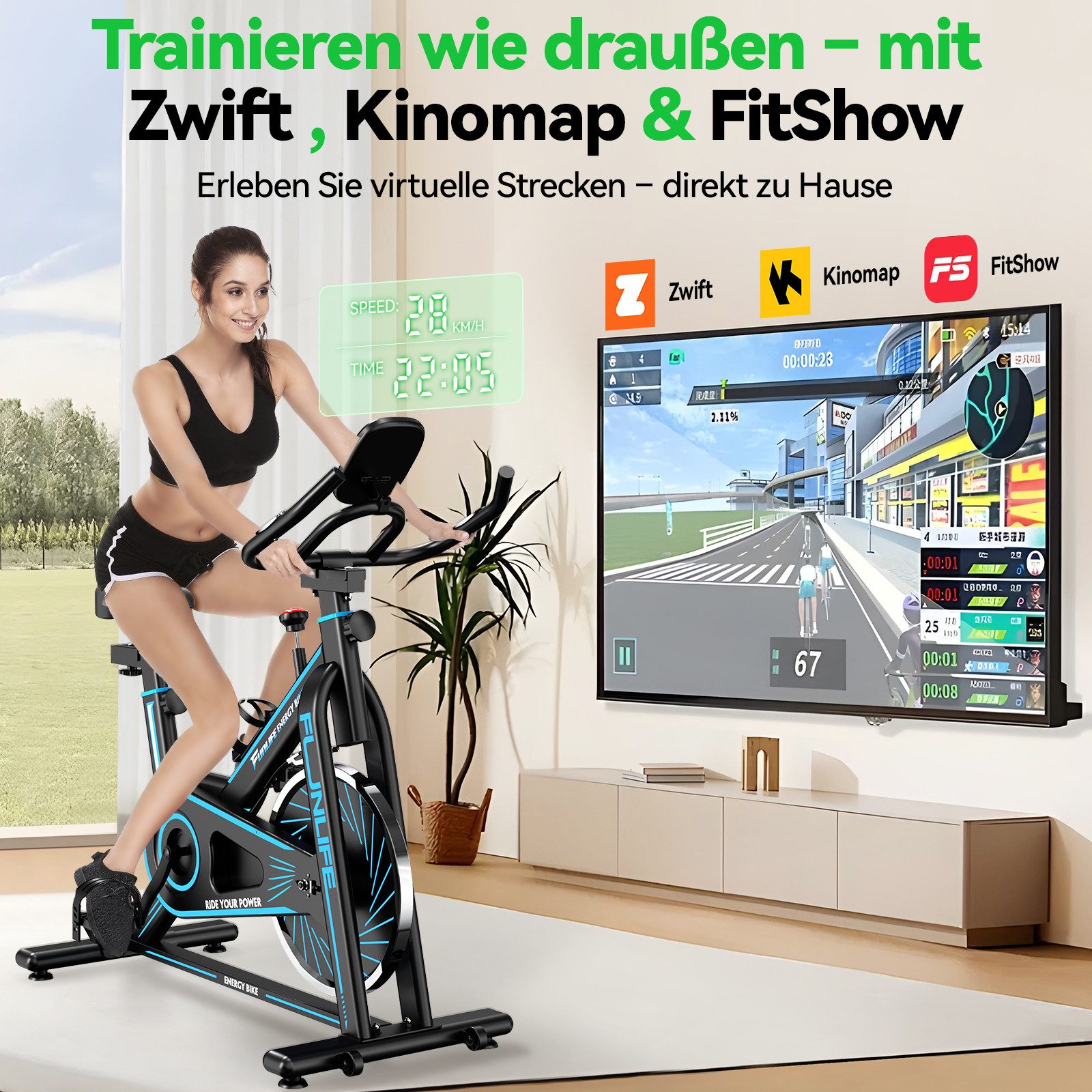 FunLife Heimtrainer Smart Indoor Bike mit App-Training (Einzelgerät, Cardio Training Zuhause), Bluetooth-App · leiser Riemenantrieb · bis 120 kg