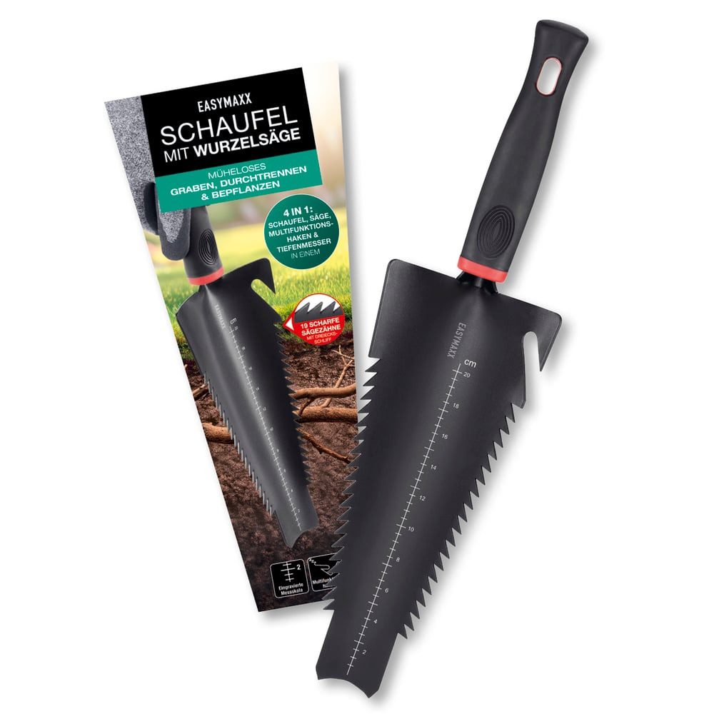 EASYmaxx Spaten Multifunktions-Wurzelschaufel 37cm schwarz/rot 4 in1, (1-St), 4 in 1 Multifunktions-Wurzelschaufel inkl. Schaufel, Tiefenmesser etc.