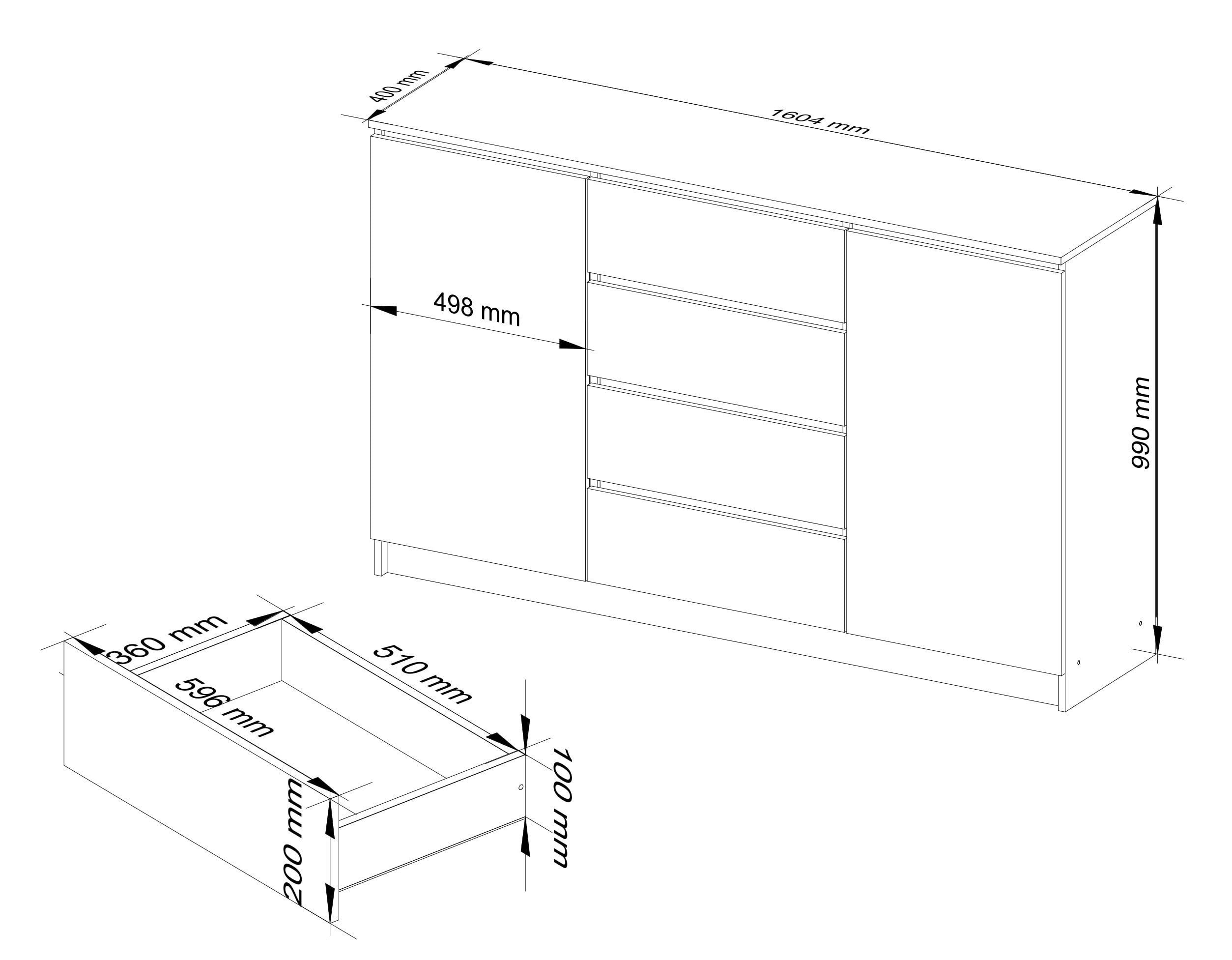 Raumhirsch Furniture Kommode mit 4 Schubladen 2 Türen Wohnschrank, Anrichte Sideboard 160 cm breit, (viele Farbvarianten - Maße: 160 x 99 x 40 cm) - Hochwertig  – Bild 4 von 5