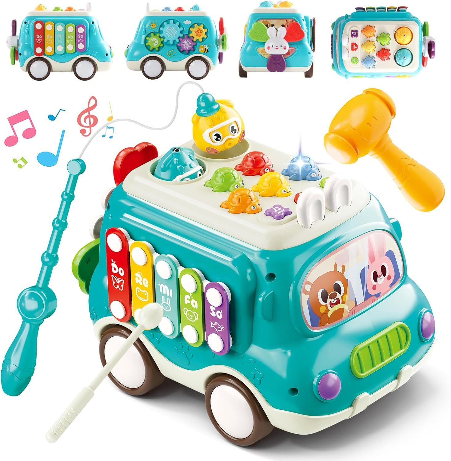 LaCute Lernspielzeug Musik Spielbus 6in1 Motorikspielzeug Lernspiel mit Licht Blau 18M+ (6-in-1 Lernspielzeug-Set mit Musikbus und Motorikspielen, Lernspielzeug-Set mit Musikbus und verschiedenen Motorikspielen), 6-in-1 Lernspielzeug mit Musik, Licht und