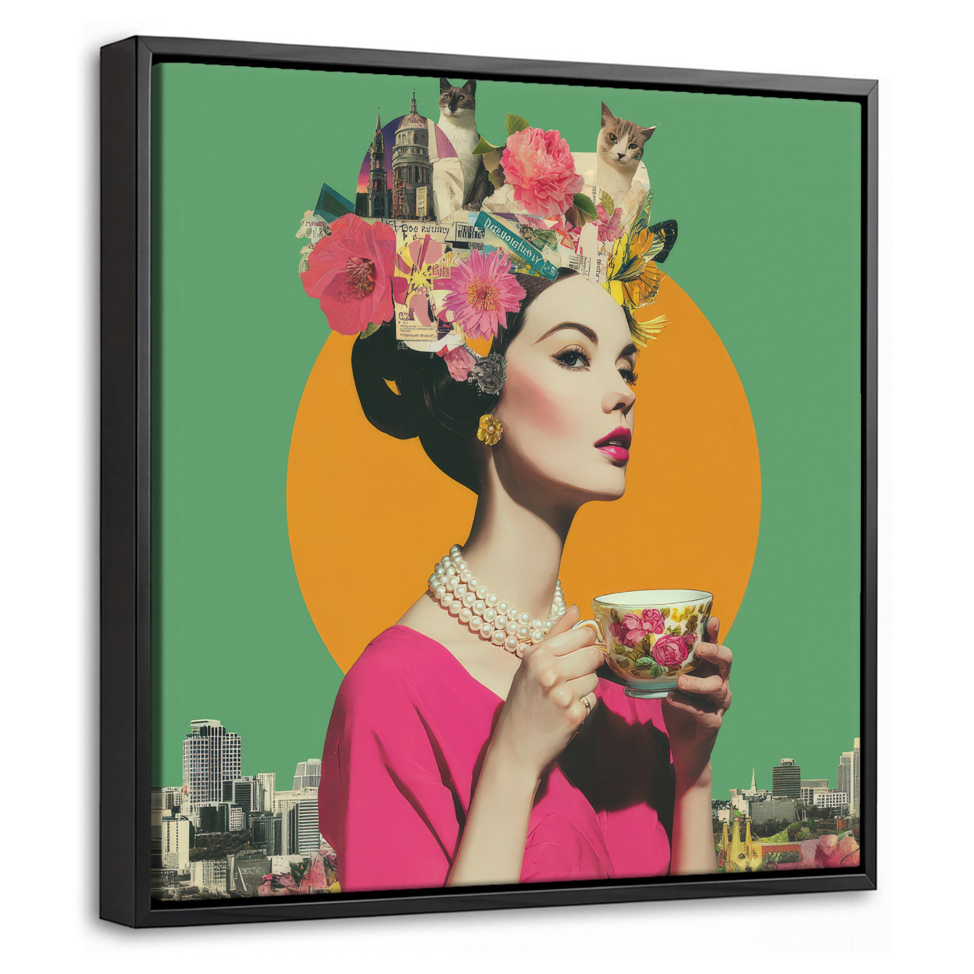 OneMillionCanvasses® Leinwandbild mit Rahmen - Retro - Frau - Stadt - Sonne, Fotodruck (1 St), Leinwand Bilder Klein, Wand Dekoration Aesthetic 20x20cm
