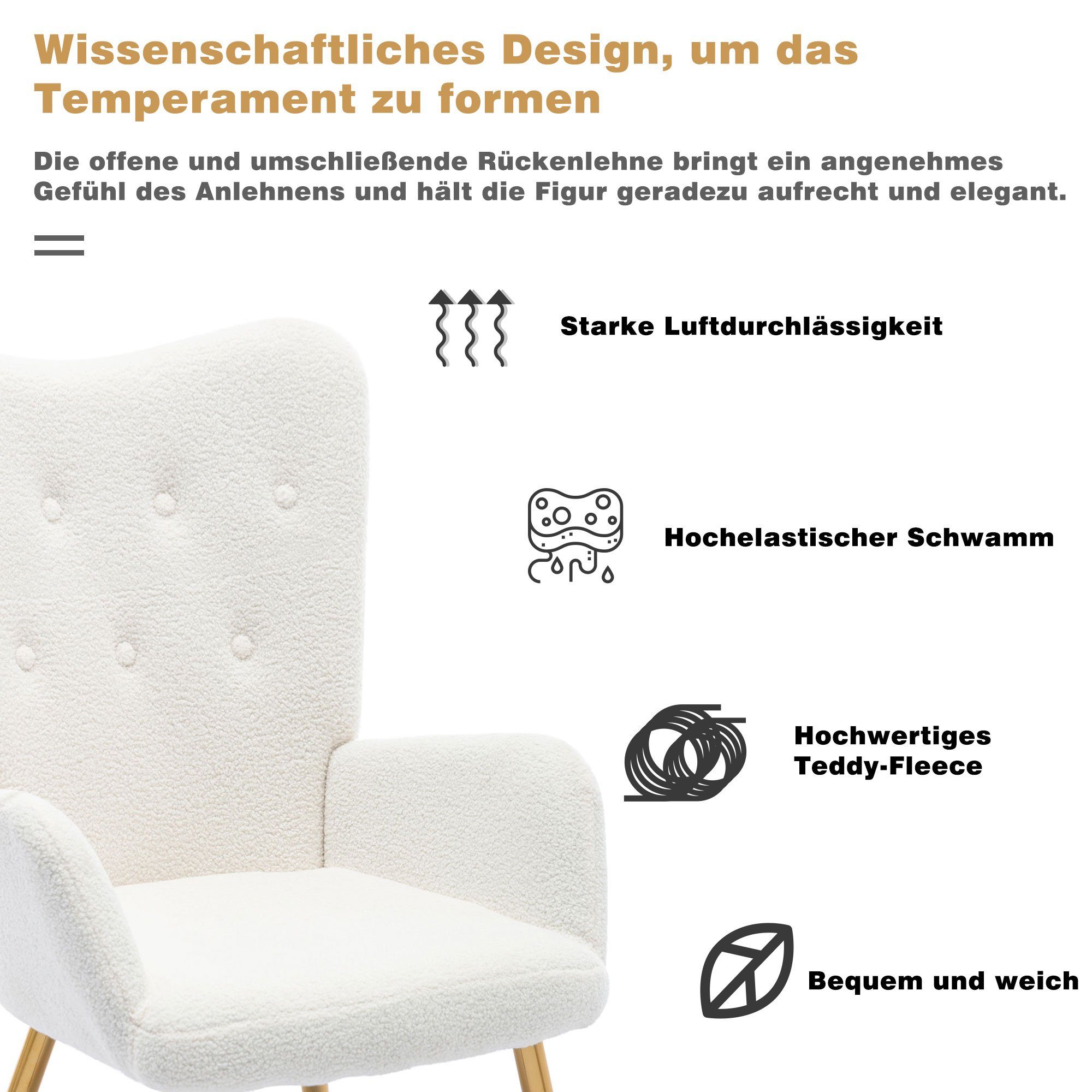 Gotagee Armlehnstuhl Teddy-Velours Freizeitstuhl mit Weiß Liegestuhl Fußhocker Armlehnstuhl