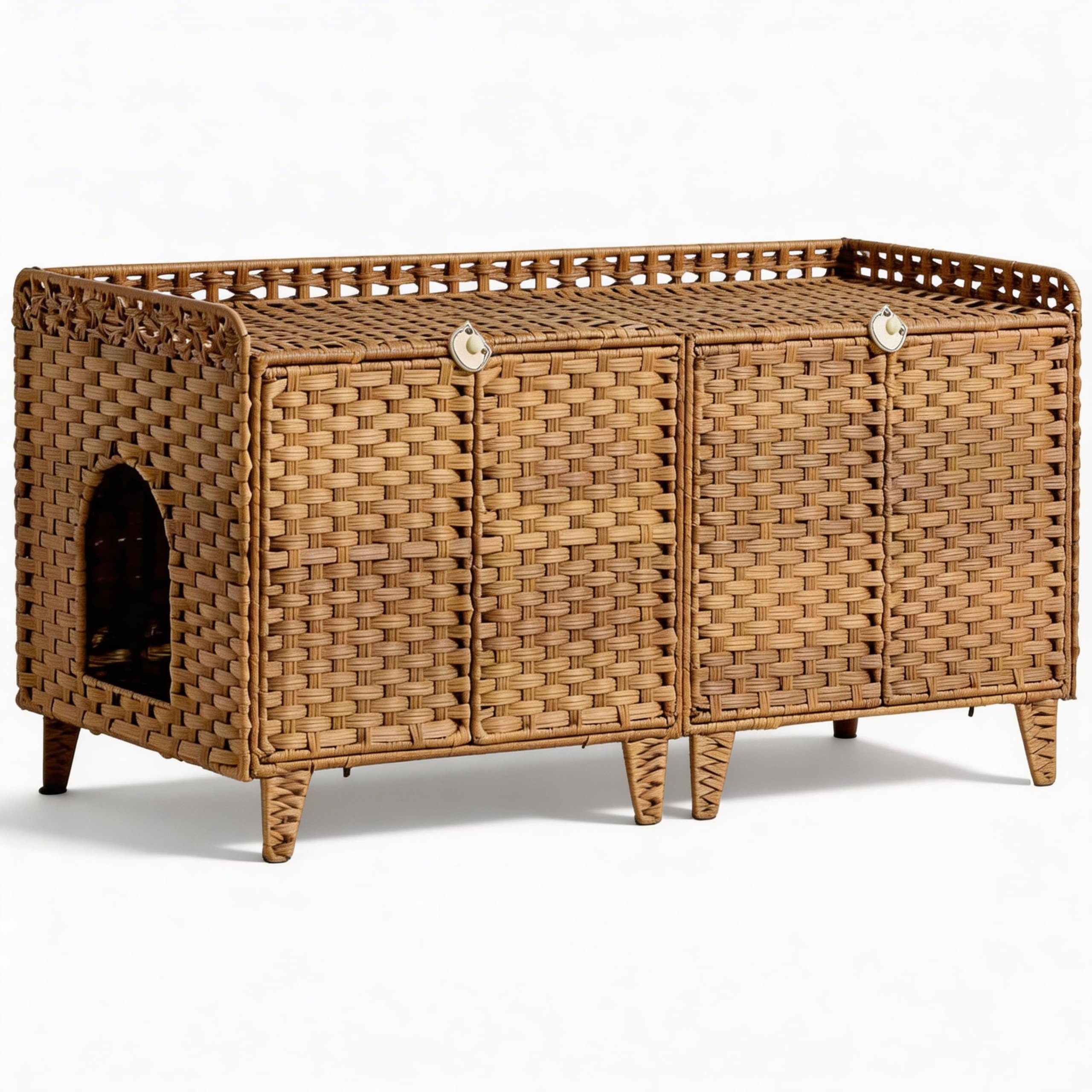 GarveeMore Katzentoilette Rattan Katzenklo Einhaus mit Tür, Matte und S-Haken, versteckte