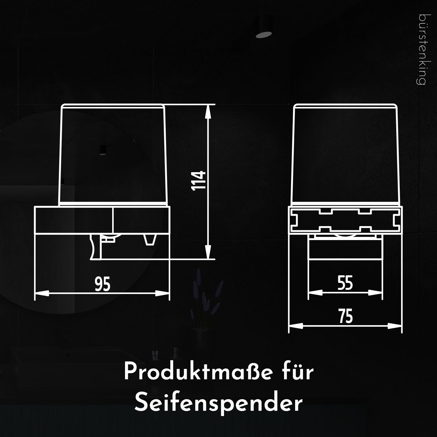 Bürstenking Seifenspender aus Kristallglas satiniert – 150 ml, Wandmontage, Einhandbedienung, (eckig oder rund), 150 ml Flüssigseifenspender