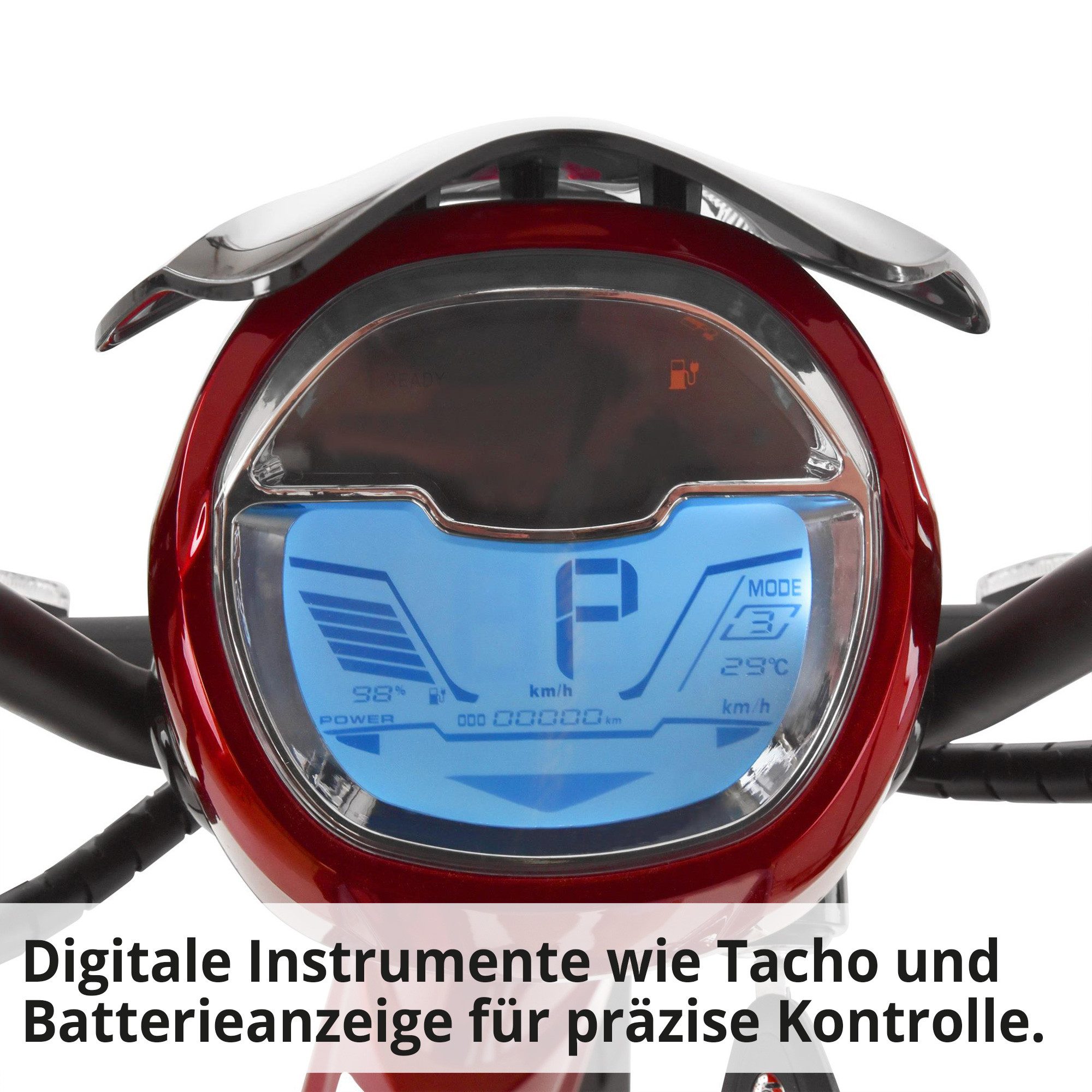 Hecht E-Mofaroller BETIS RED 48V Akku entnehmbar 40 km Reichweite Scheibenbremsen, 900 W, 45 km/h, Pedalantrieb, Gasdruckfederung, Funkschlüssel, Staufach – Bild 5 von 5