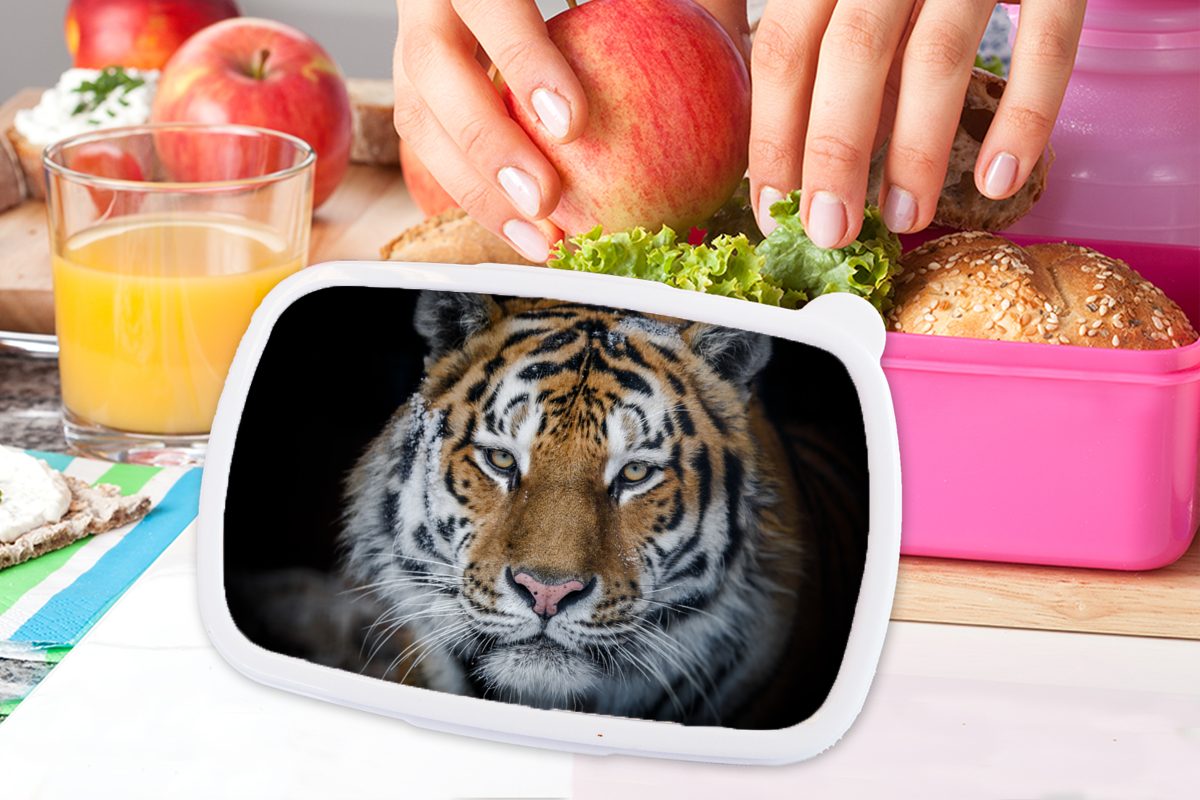 Lunchbox rosa Erwachsene, Kunststoff, Snackbox, - Schnee Kinder, Schwarz, (2-tlg), Tiger - Mädchen, MuchoWow Brotbox Brotdose für Kunststoff