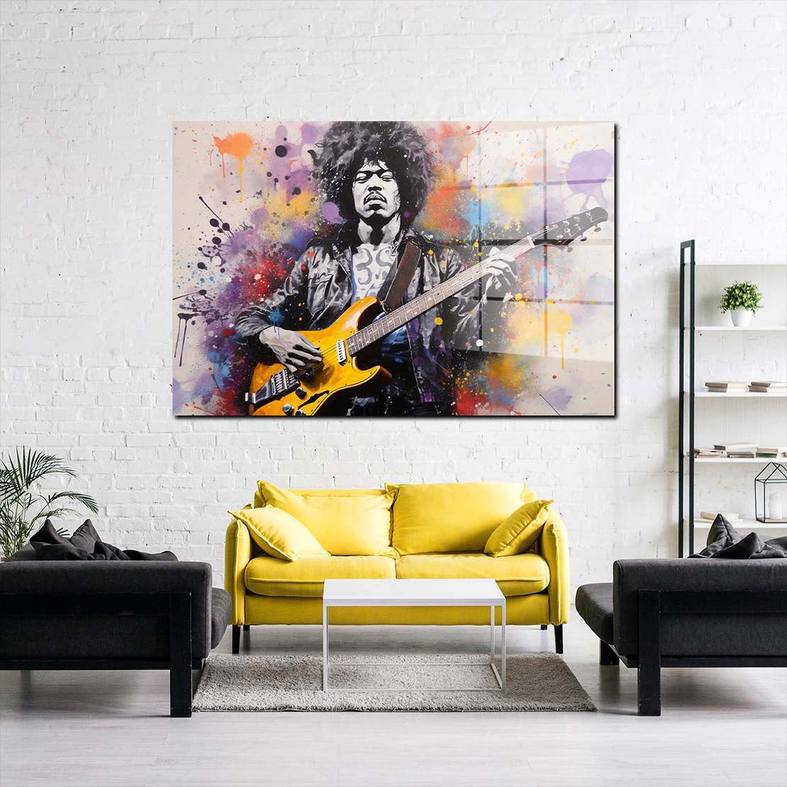 Artedinoi Acrylglasbild Rockgitarrist Acrylglasbild Wandbild Street Art Musik Gitarre Bunt XXL, Gitarrist mit E-Gitarre und Farbspritzern
