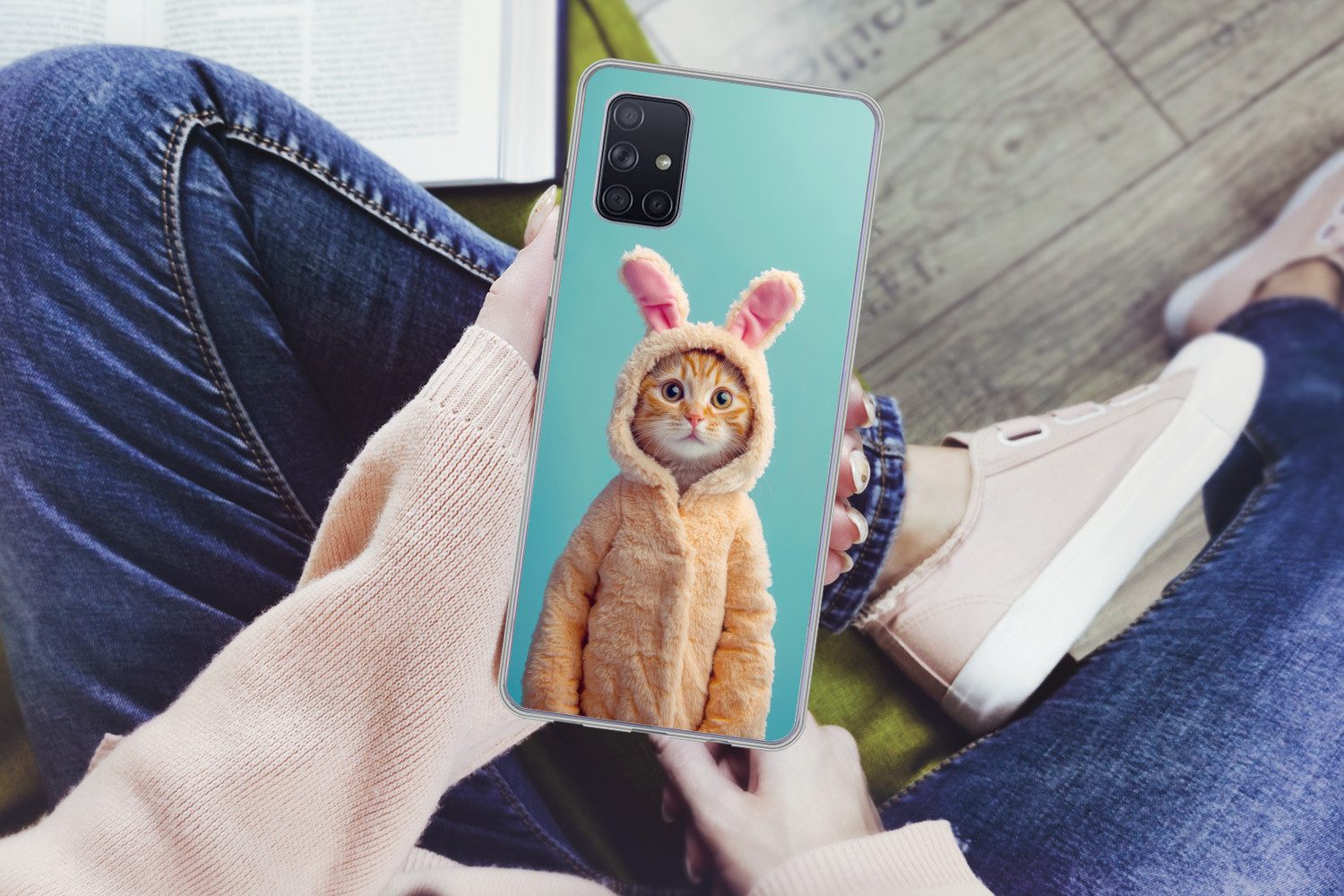 MuchoWow Handyhülle für Samsung Galaxy A51 Osterhase - Katze - Kostüm, Smartphone-Bumper, Print, Handy Schutzhülle Dünn