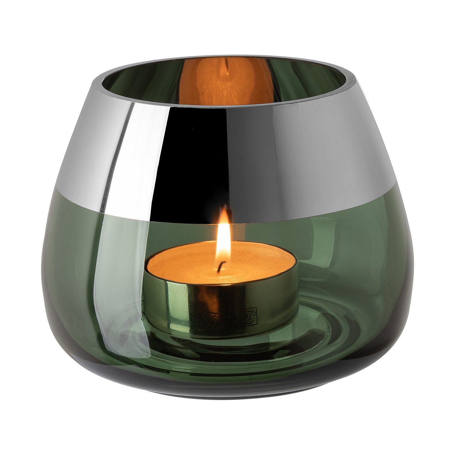 Fink Teelichthalter BELLA Teelichthalter - H.11,6cm x D.15cm - Glas - dunkelgrün/silber (1xTeelichthalter, 1 St., Leuchte - Geschenk für Frauen), Edles Glas-Windlicht: Kerzenhalter für Stumpenkerzen & Kerzenleuchter