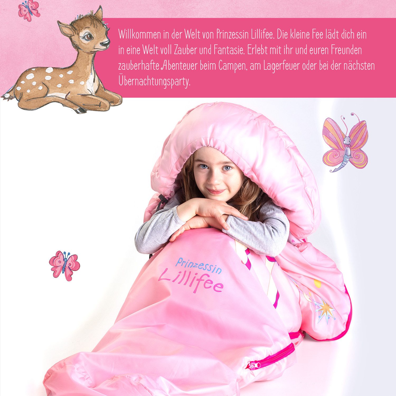 Skandika Kinderschlafsack Lillifee, Mumienschlafsack für Kinder, kuscheliges Innenfutter (170 (140 + 30) x 70/45 cm, Großzügige Kapuze, Stautasche), Komfortbereich 12 – 3 °C, wasserabweisend