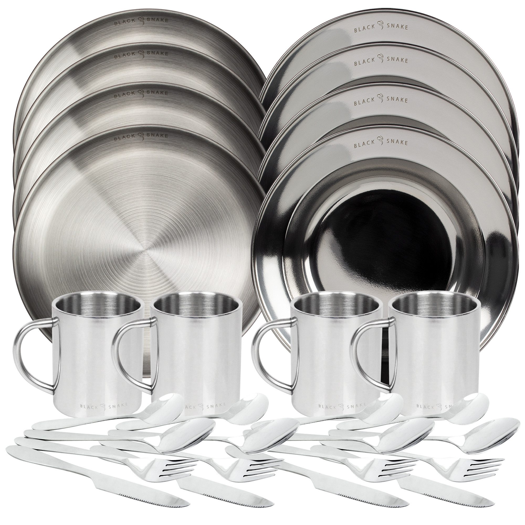 Black Snake Geschirr-Set Black Snake® Edelstahl Camping Set mit Teller & Tasse (16-tlg), 4 Personen, Edelstahl, Camping Geschirr Set aus robustem Edelstahl