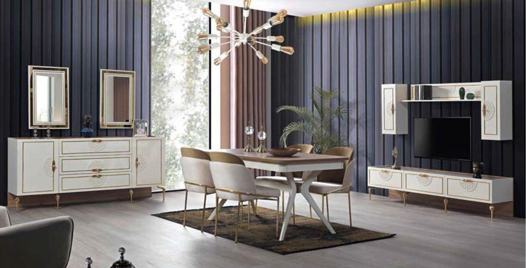 Xlmoebel Wohnzimmer-Set Mahlzeit-Set Esstisch mit 4 Stühlen und Kommode, italienische, (8tlg Tisch + 4 Stühle + Kommode + 2 Spiegel), Hergestellt in Europa