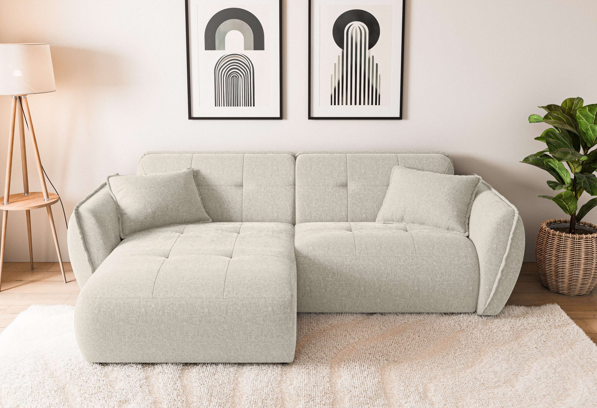 Home affaire Ecksofa MIRELDA L-Form mit Steppungen, Recamiere rechts/links, Breite 253 cm, Sitztiefe 62 cm, elegant und bequem, 2 Zierkissen, belastbar bis 480kg