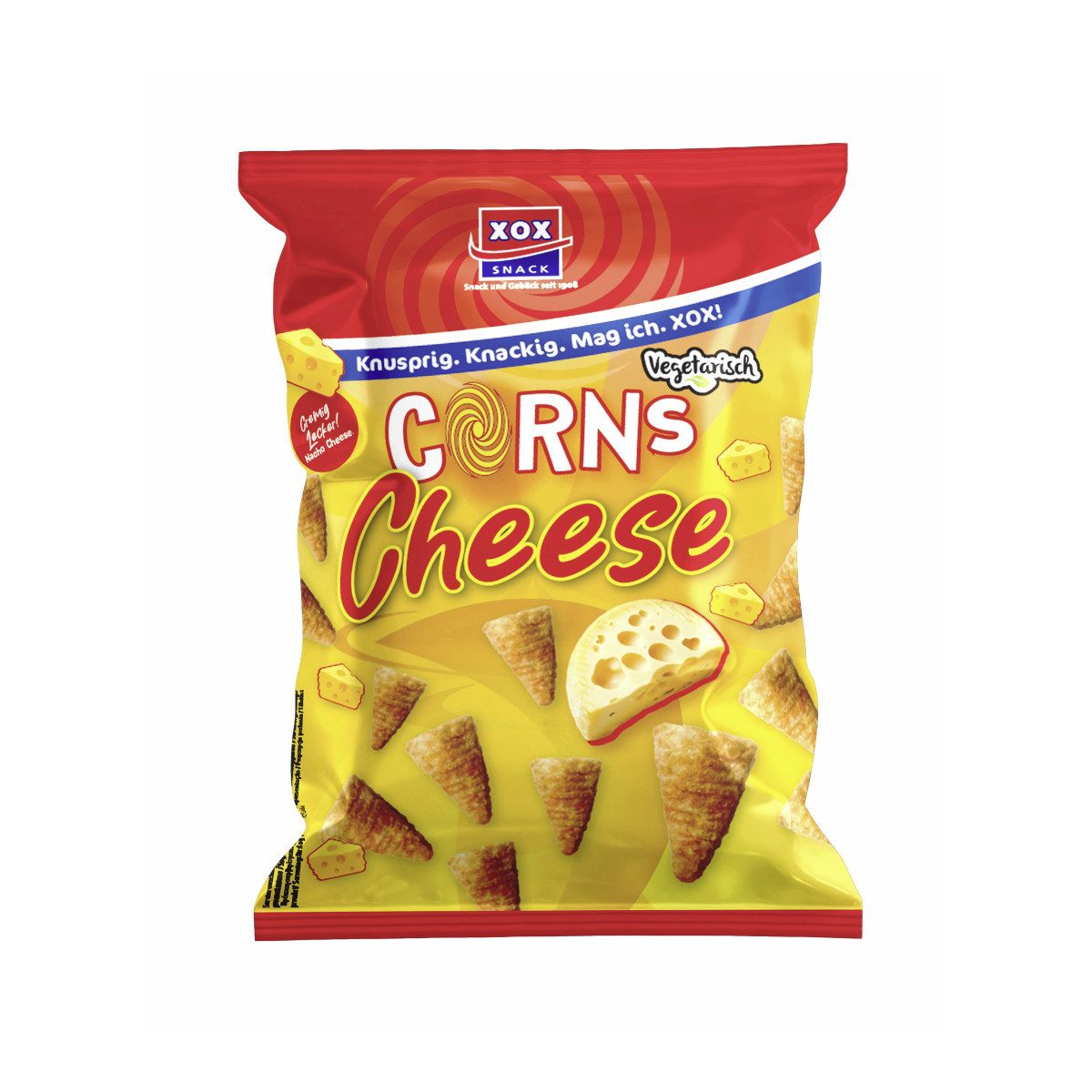 XOX Knabberei, XOX Corns Nacho Cheese knuspriger Snackgenuss Packung 85g