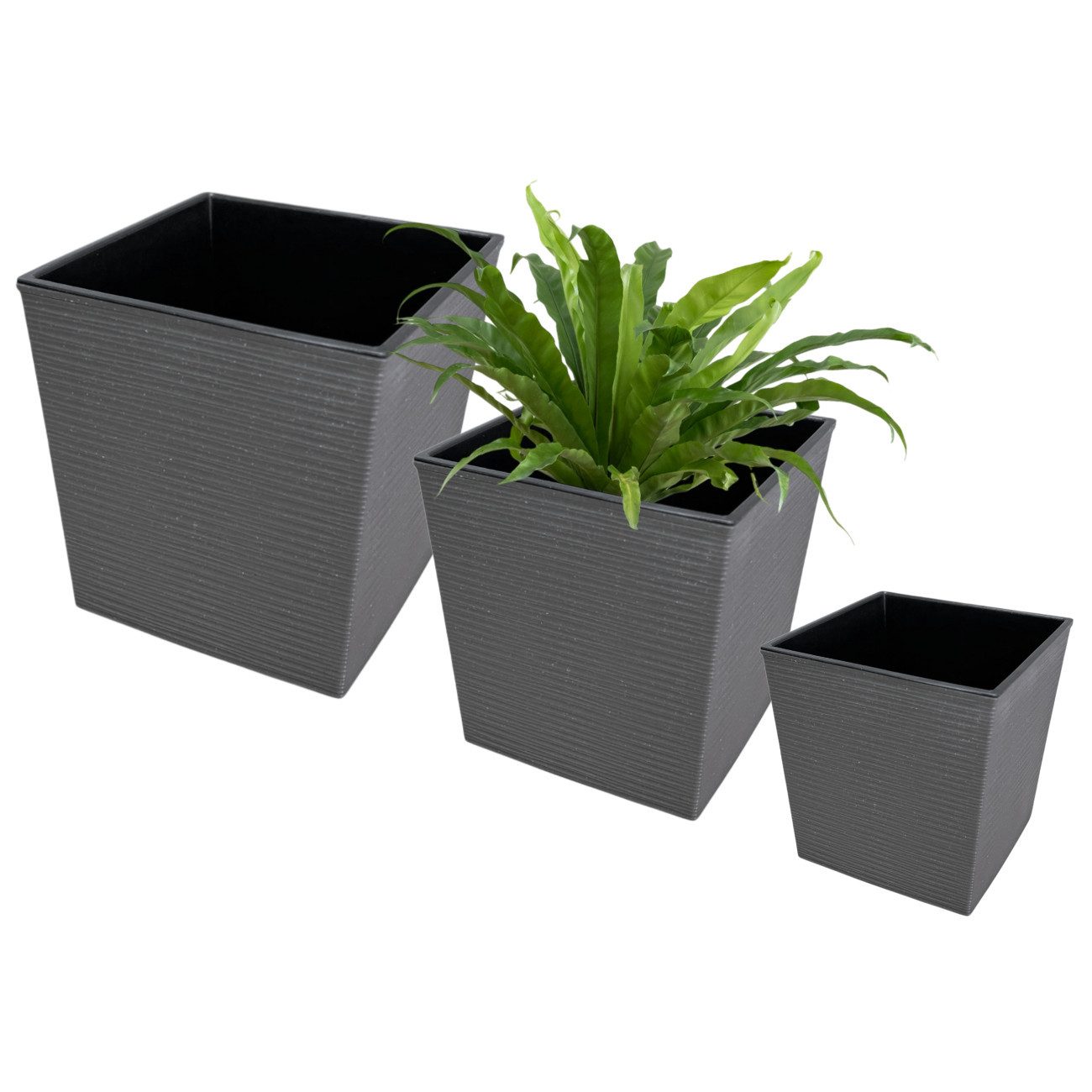 Engelland Pflanzkübel 3er Set Blumentöpfe aus recyceltem Kunststoff & Holz, WPC, Rillenoptik (Vorteils-Set, 3 St., UV-beständig, quadratisch, wetterfest), Blumenkübel für Garten, Balkon, Terrasse, Innen- und Außenbereich