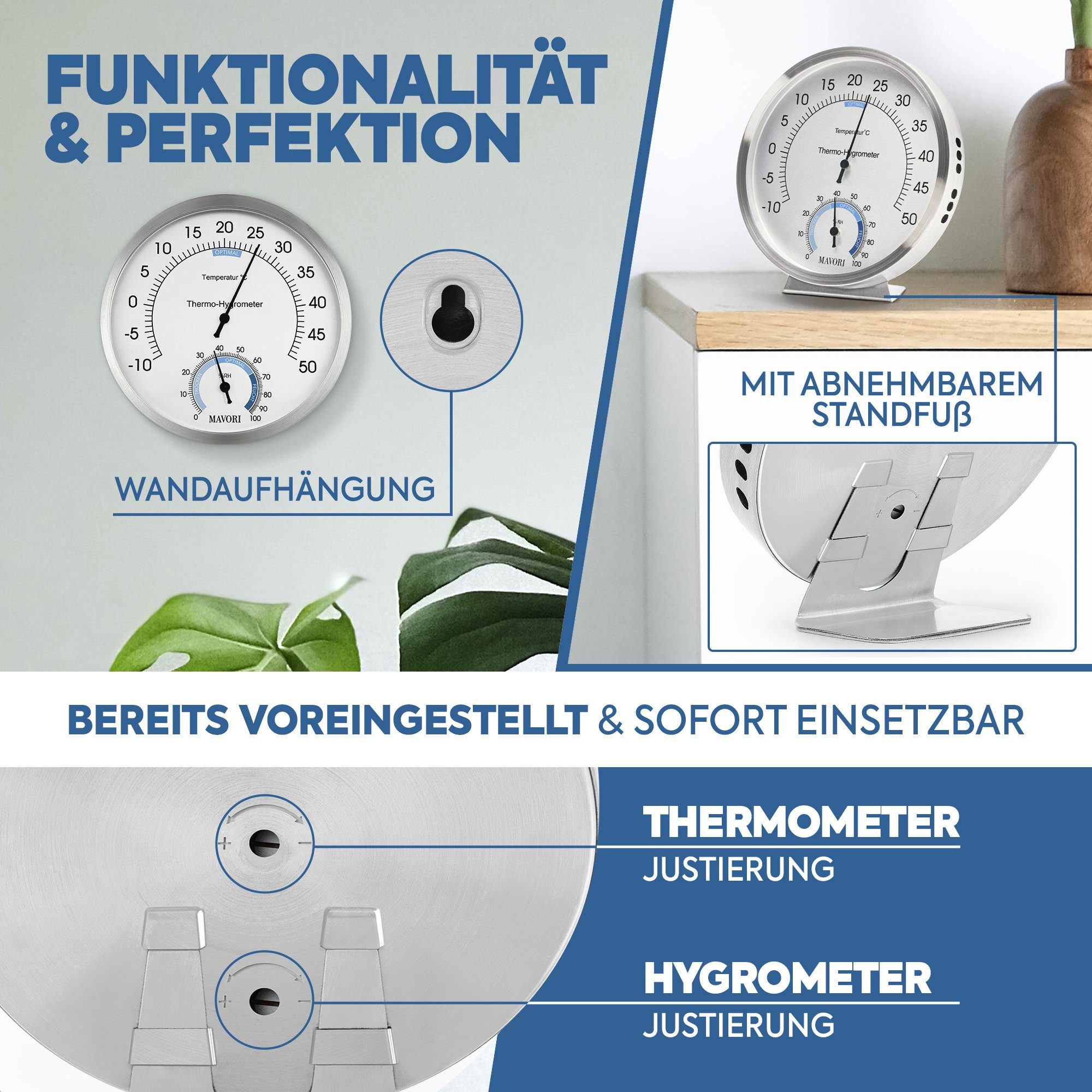 MAVORI Raumthermometer und Hygrometer analog aus Edelstahl - präzise und stilvoll - Ø 12,5cm, batteriefreier Betrieb (Bi-Metall)