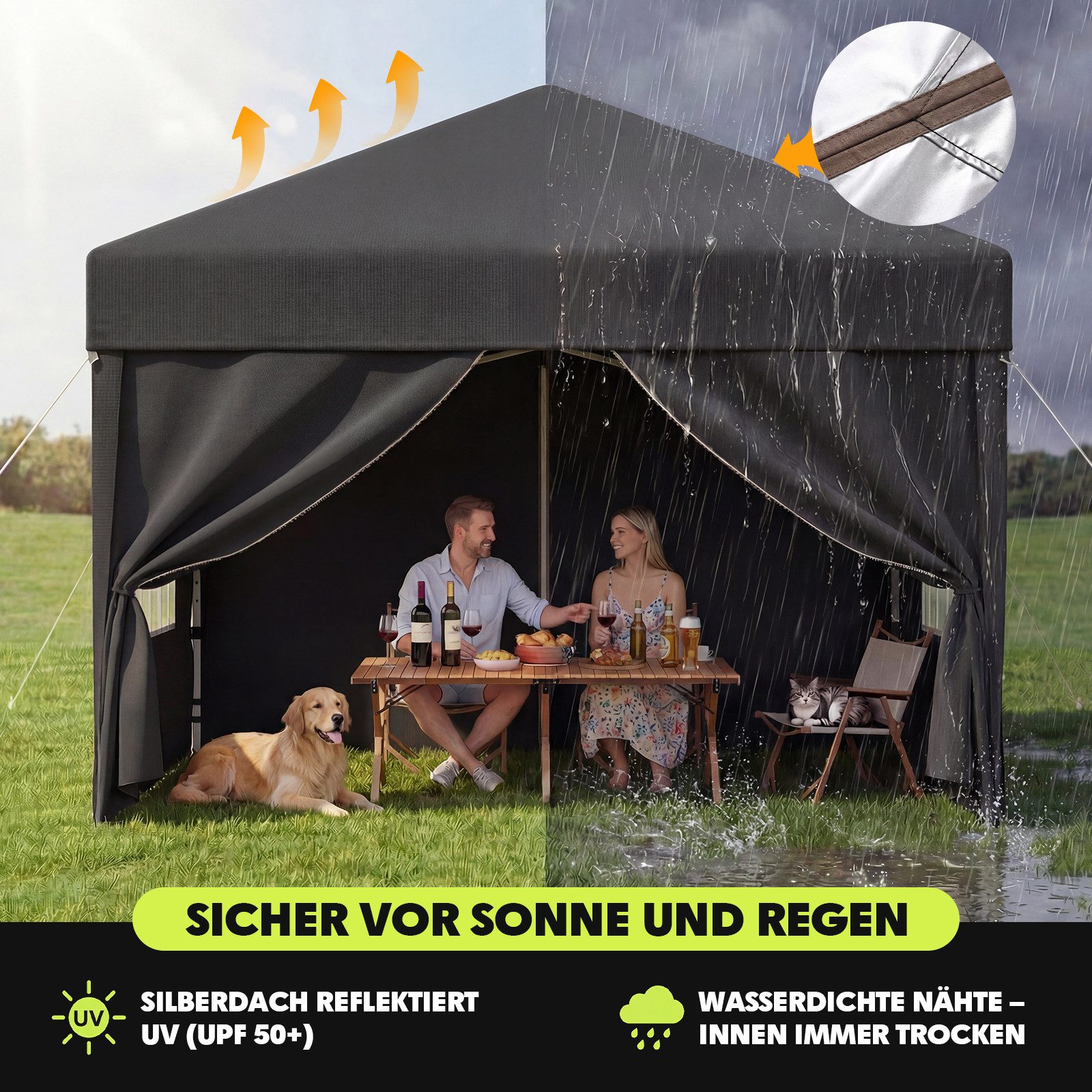 GUNJI Faltpavillon Pop Up Partyzelt 3*3/3*6m Gartenpavillon winterfest und wasserdicht, mit 4 Seitenteilen, 4 Sandsäcke, für Garten Camping – Bild 5 von 5