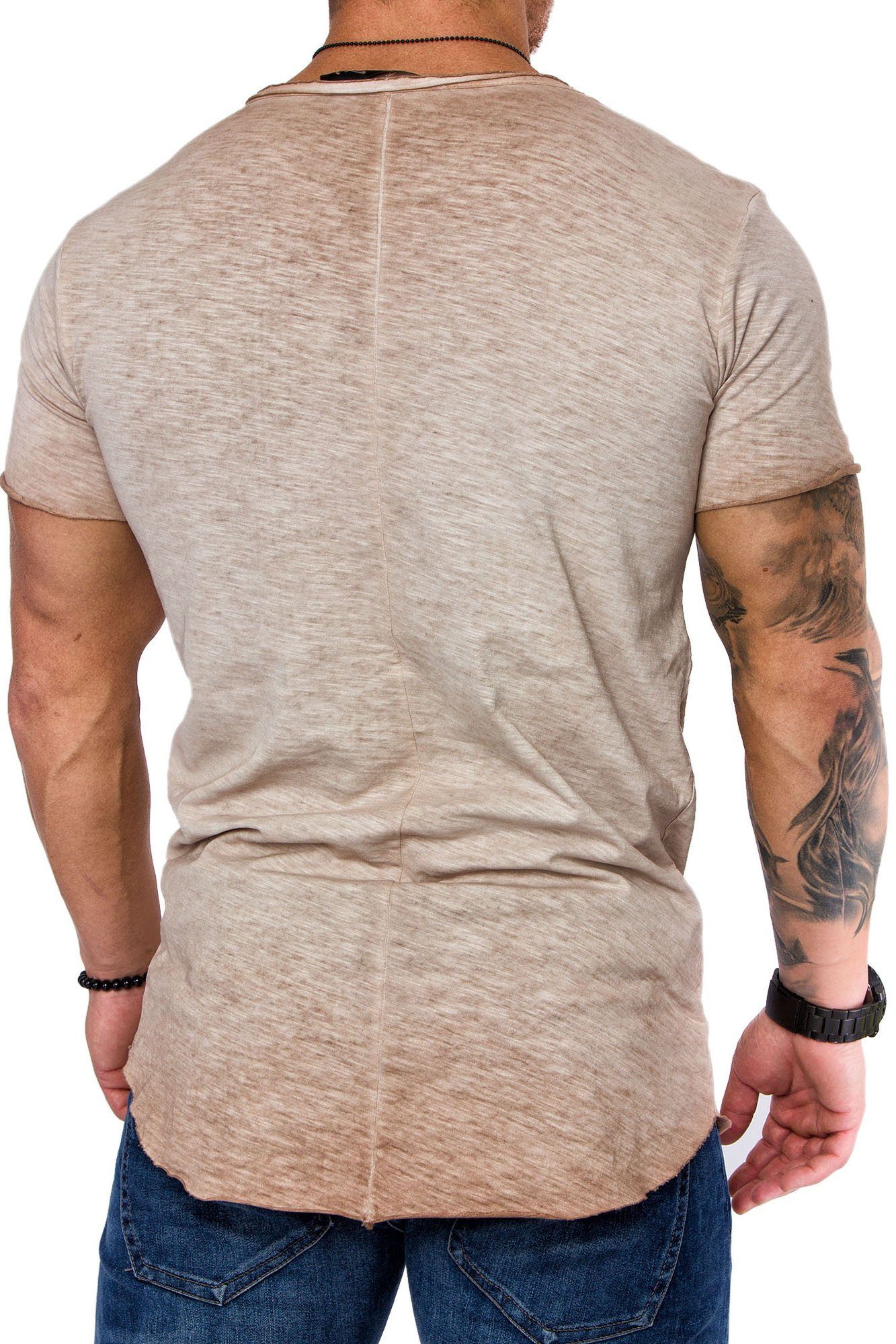 V-Ausschnitt Beige Vintage Verwaschen Shirt Herren T-Shirt AVA REPUBLIX Oversize