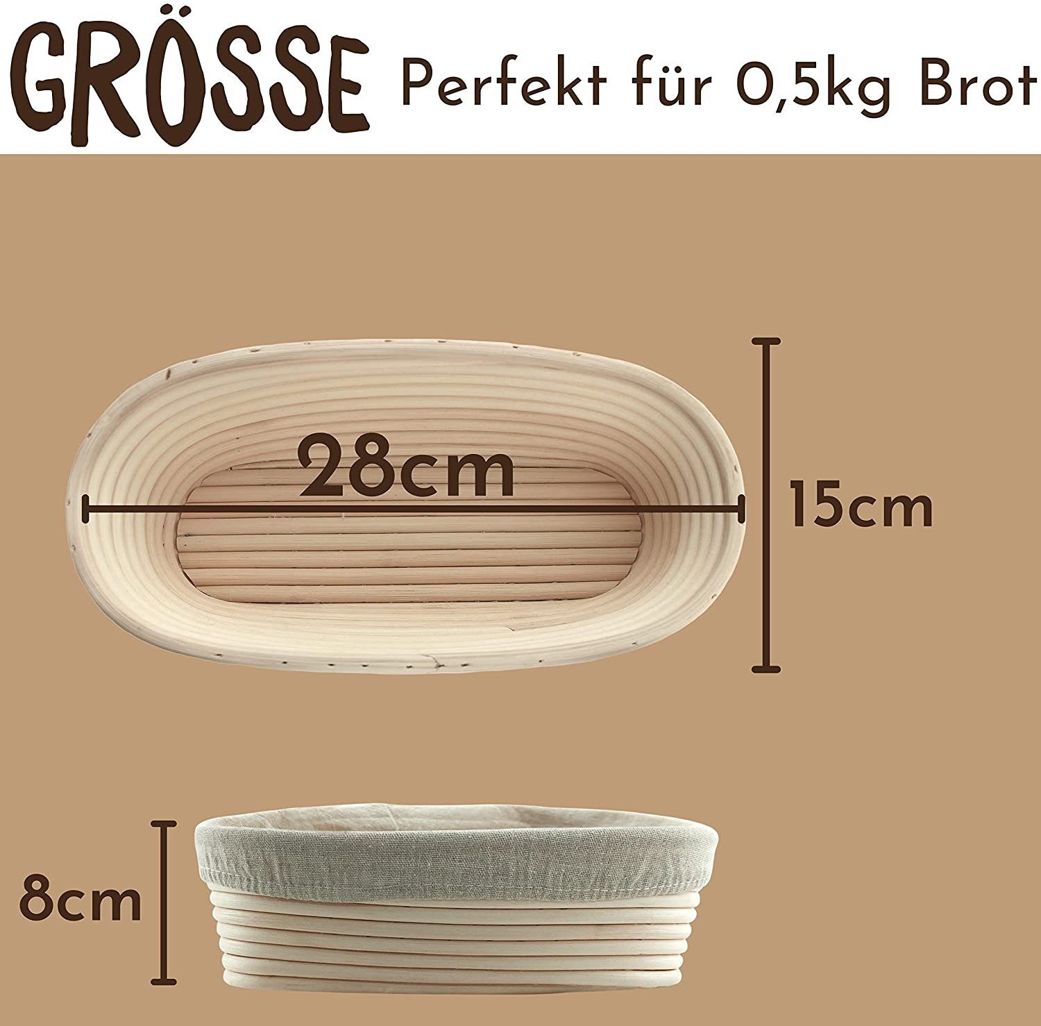 riijk Gärkorb Gärkörbchen Set inkl. Gratis Teigschaber, (zum Brotbacken), mit Leinentuch und Teigschaber – Bild 4 von 5