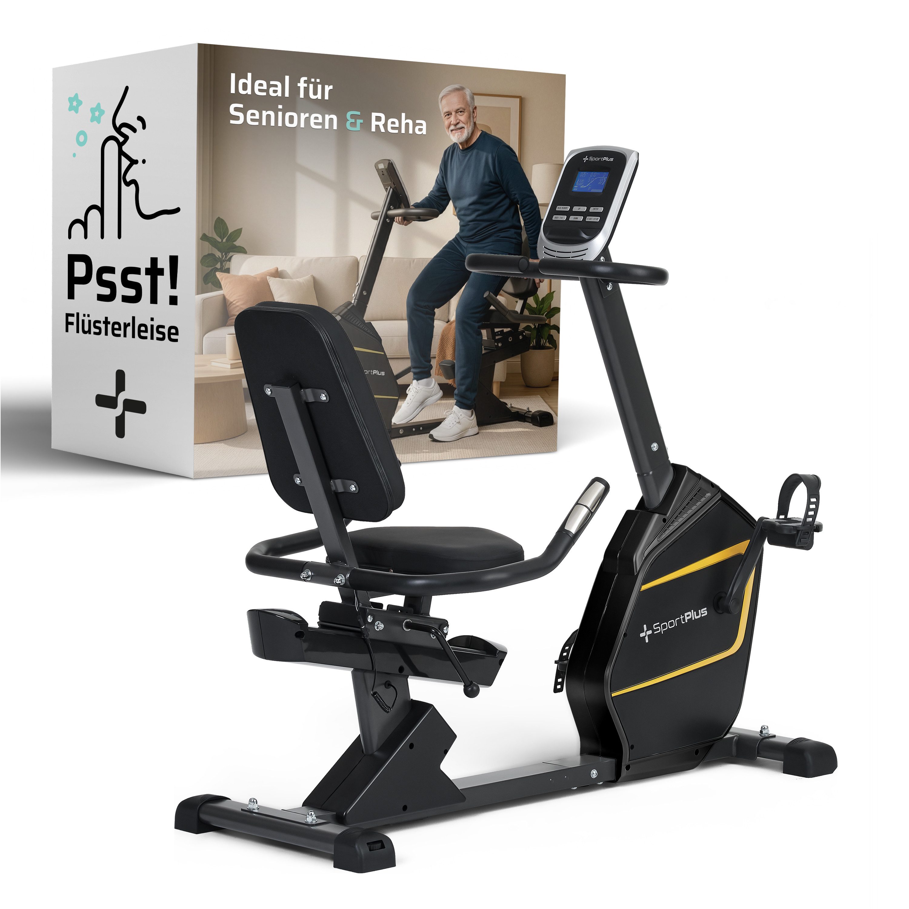 SportPlus Heimtrainer SP-RB-9910-B-iE, Liegeheimtrainer, mit App Kompatibilität, 24 Widerstandsstufen