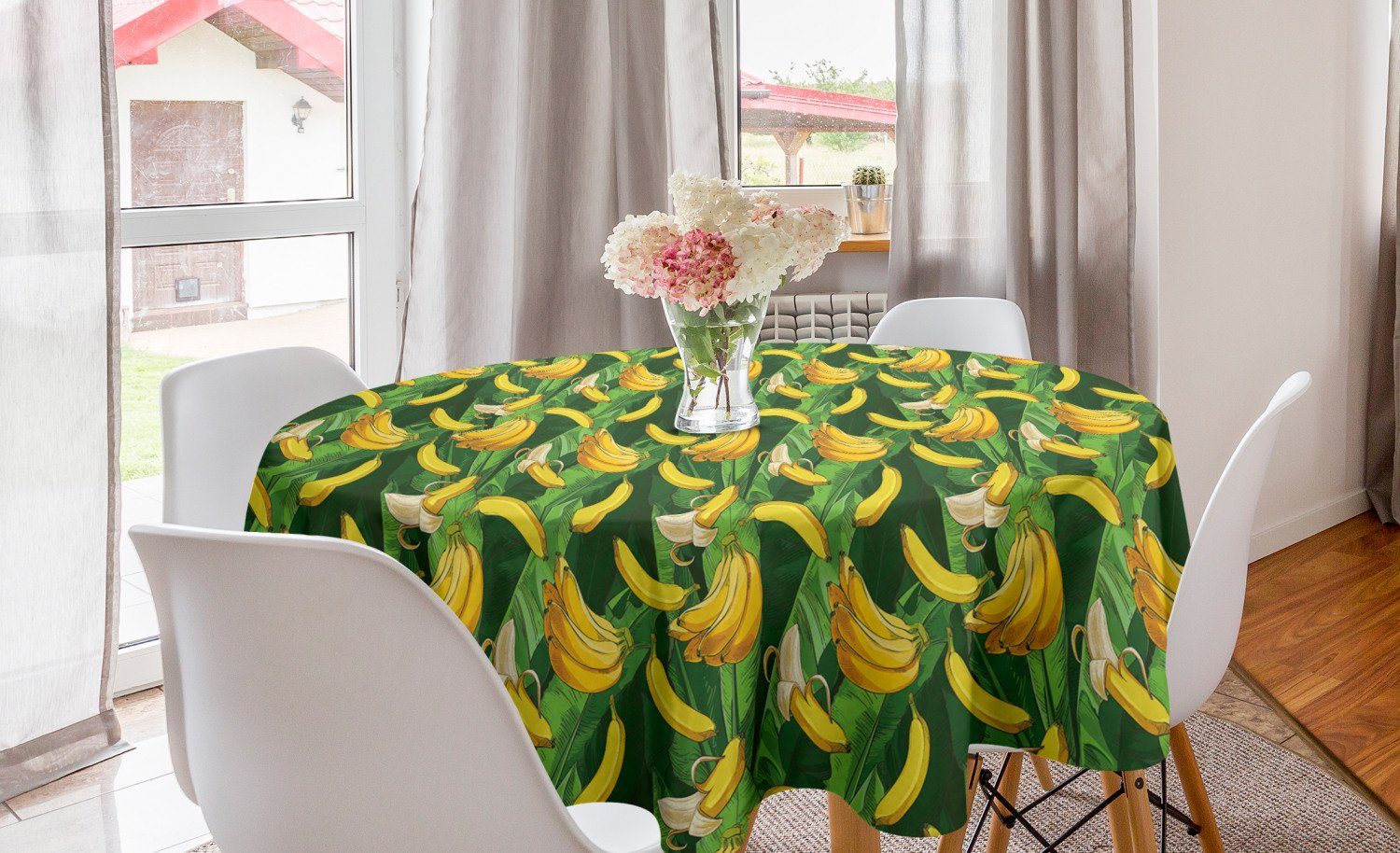 Abakuhaus Tischdecke Kreis Tischdecke Abdeckung für Esszimmer Küche Dekoration, Exotisch Bananen-Frucht-Palmblätter