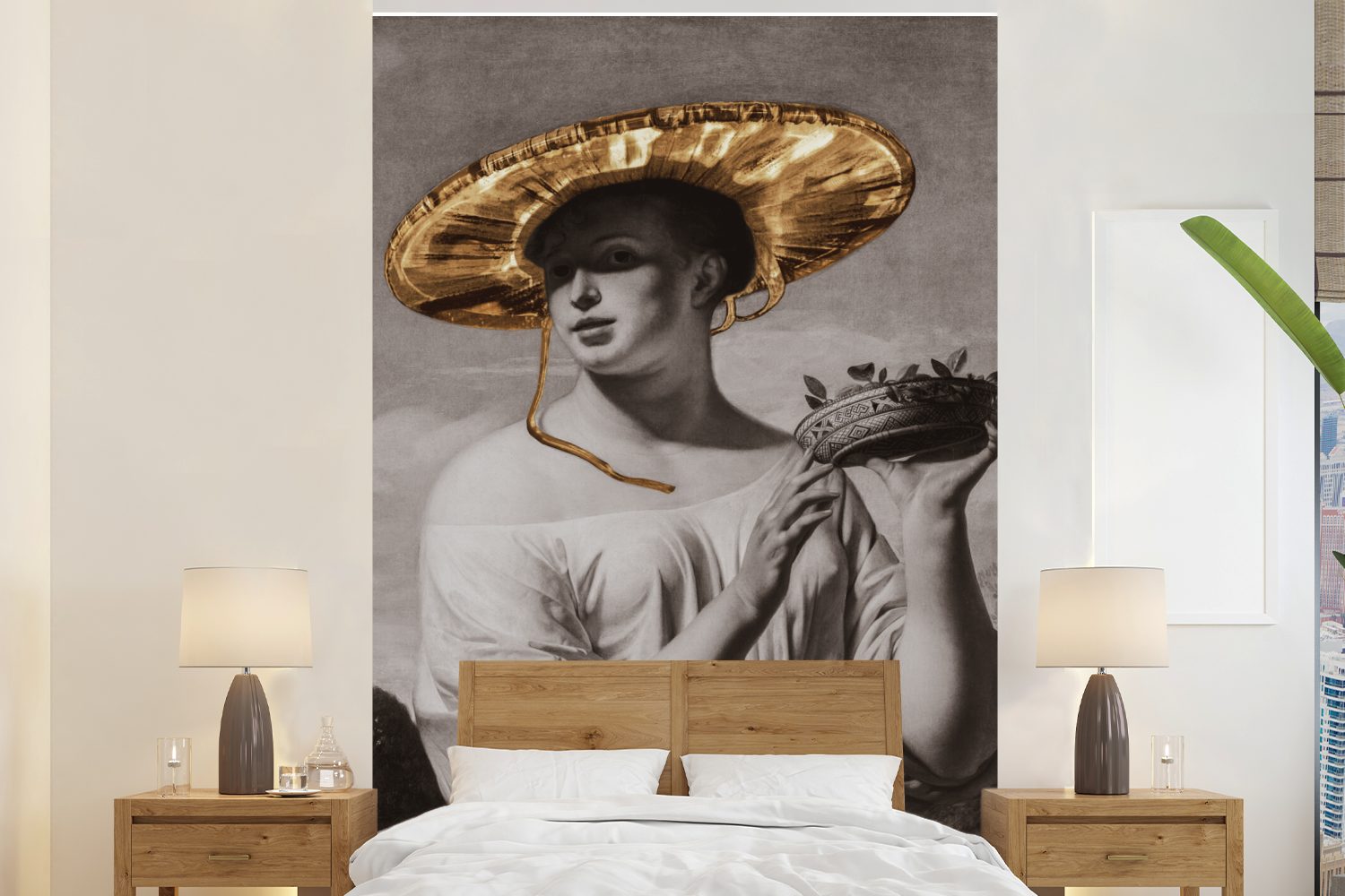 MuchoWow Fototapete Mädchen mit breitem Hut - Cäsar van Everdingen - Gold, Matt, bedruckt, (3 St), Montagefertig Vinyl Tapete für Wohnzimmer, Wandtapete