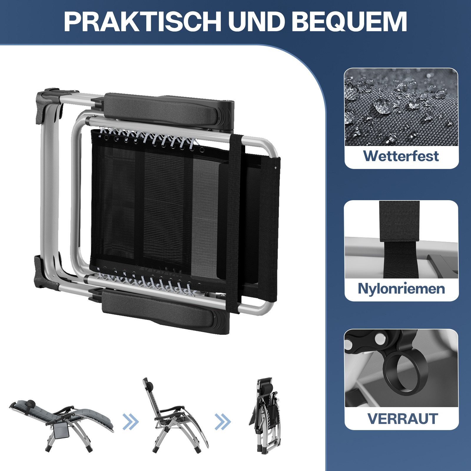 Huracan Gartenliege Sonnenliege Klappbar, Gartenliege Wetterfest mit Ergonomisches Polster, 1 St., Strandliege Verstellbare Rückenlehne, Liegestuhl Garten mit N – Bild 5 von 5