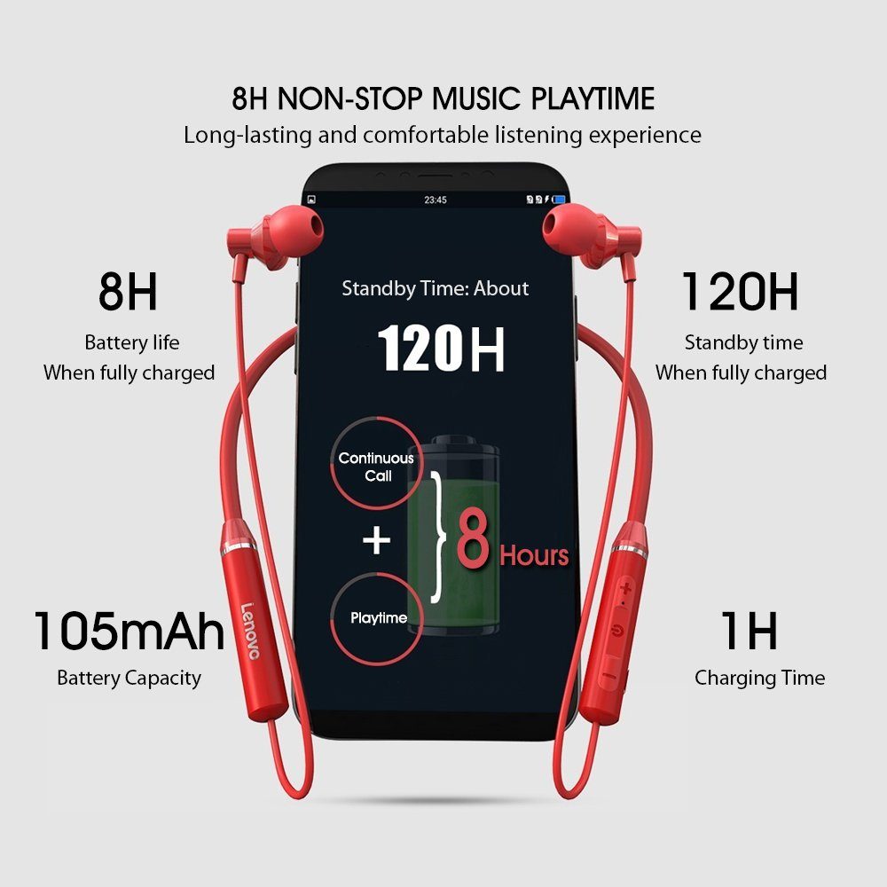 Lenovo HE05 mit Touch-Steuerung Bluetooth-Kopfhörer zu Rot) - Akkulaufzeit bis Mikrofon Stereo-Ohrhörer, Stunden, 5.0, 6 mit (Bluetooth