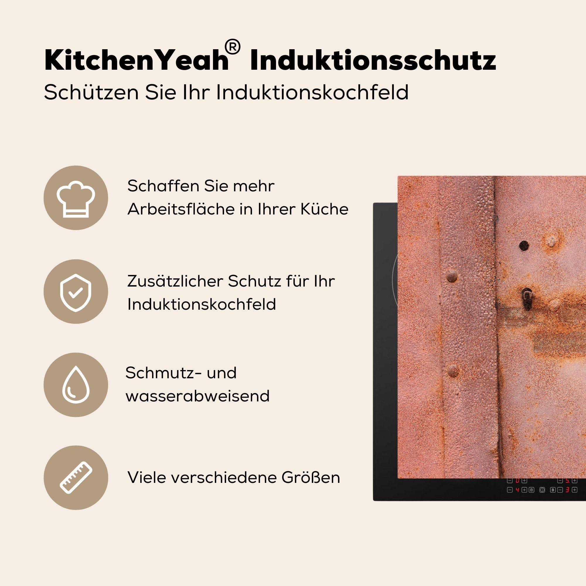 MuchoWow Herdblende-/Abdeckplatte Metall - Rost Industrie, für (1 Dekoration Induktionsherd, 58x51 tlg), cm, Vinyl, Induktionskochfeld Küchen 