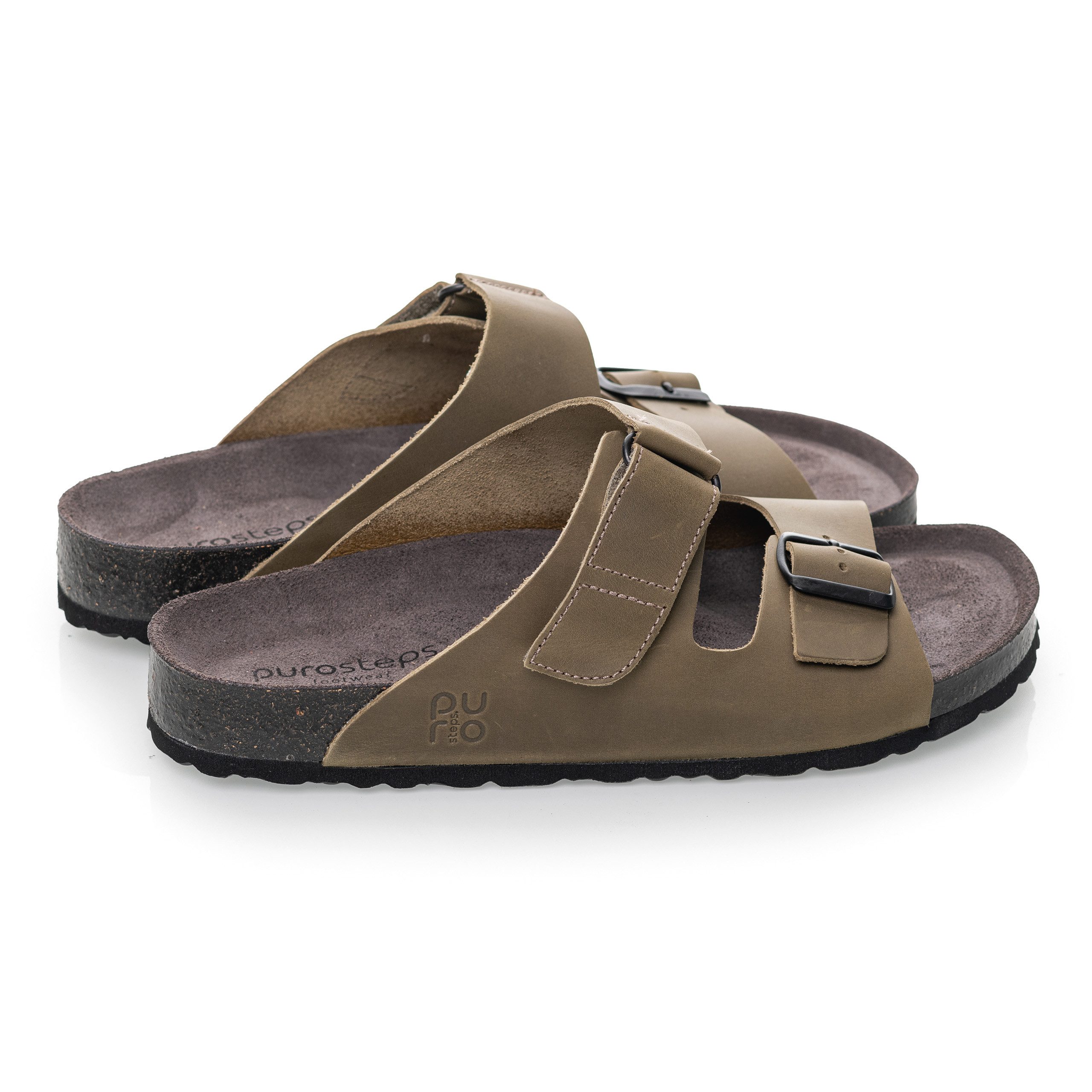 purosteps Vigo-Eco 17586-anthrazit-grün Sandale Echtes Leder, Natur Materialien, Komfortables Fußbett, Made in Spain