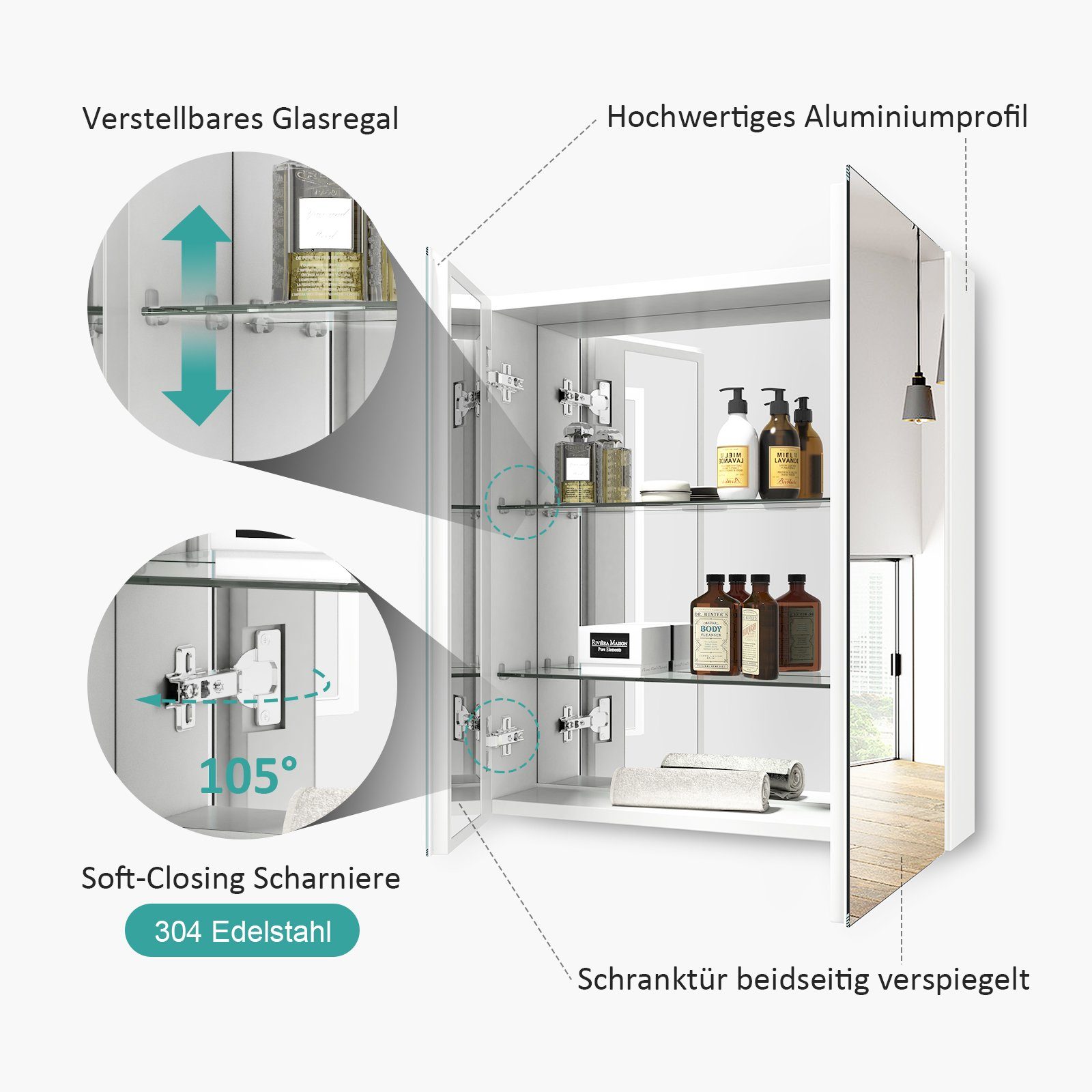 EMKE Spiegelschrank bad 60X65cm 2-türig Badezimmer Spiegelschrank Verstellbare Trennwand Schrank mit Doppelseitigem Spiegel