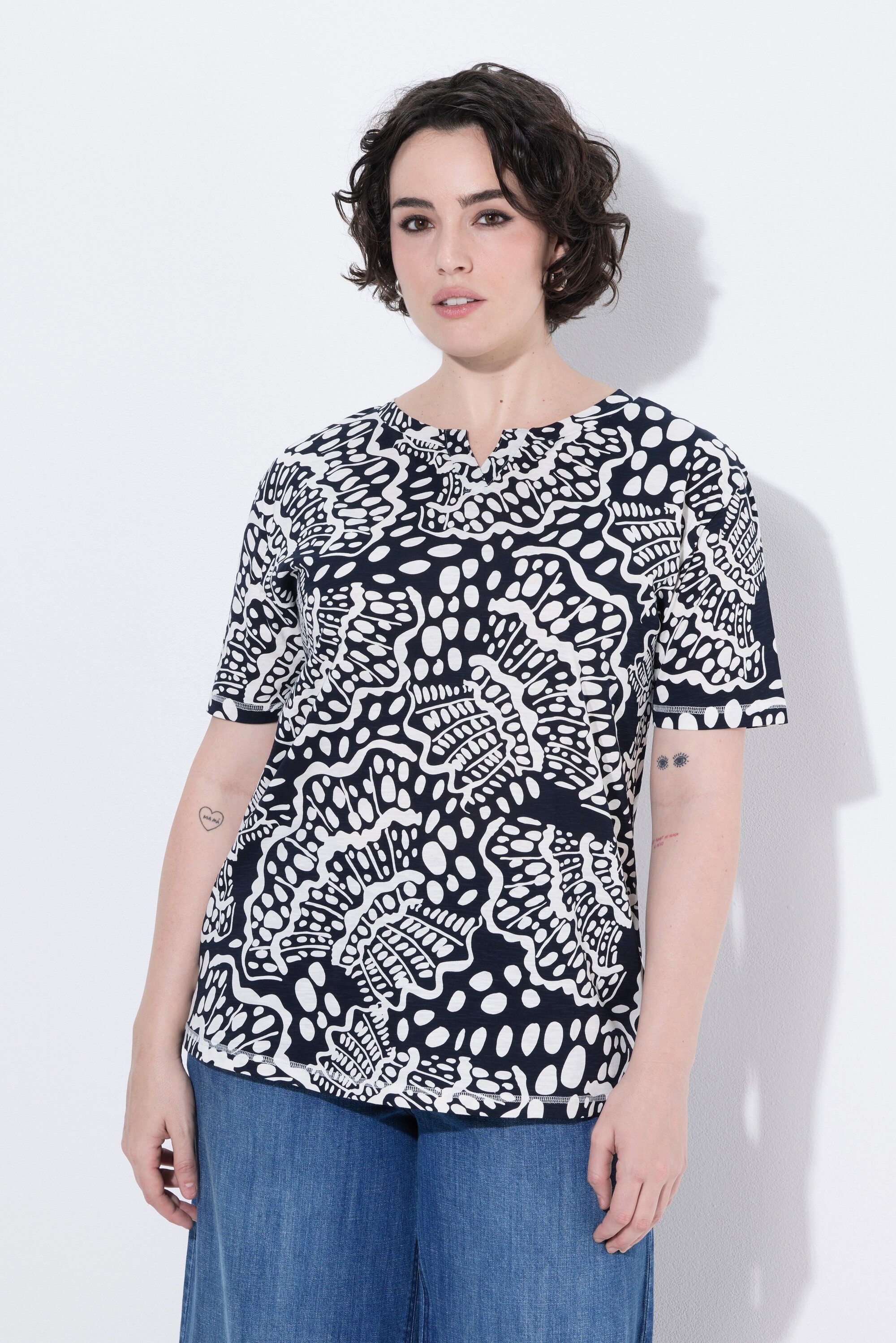 Ulla Popken T-Shirt T-Shirt Muscheln Oversized Tunika-Ausschnitt