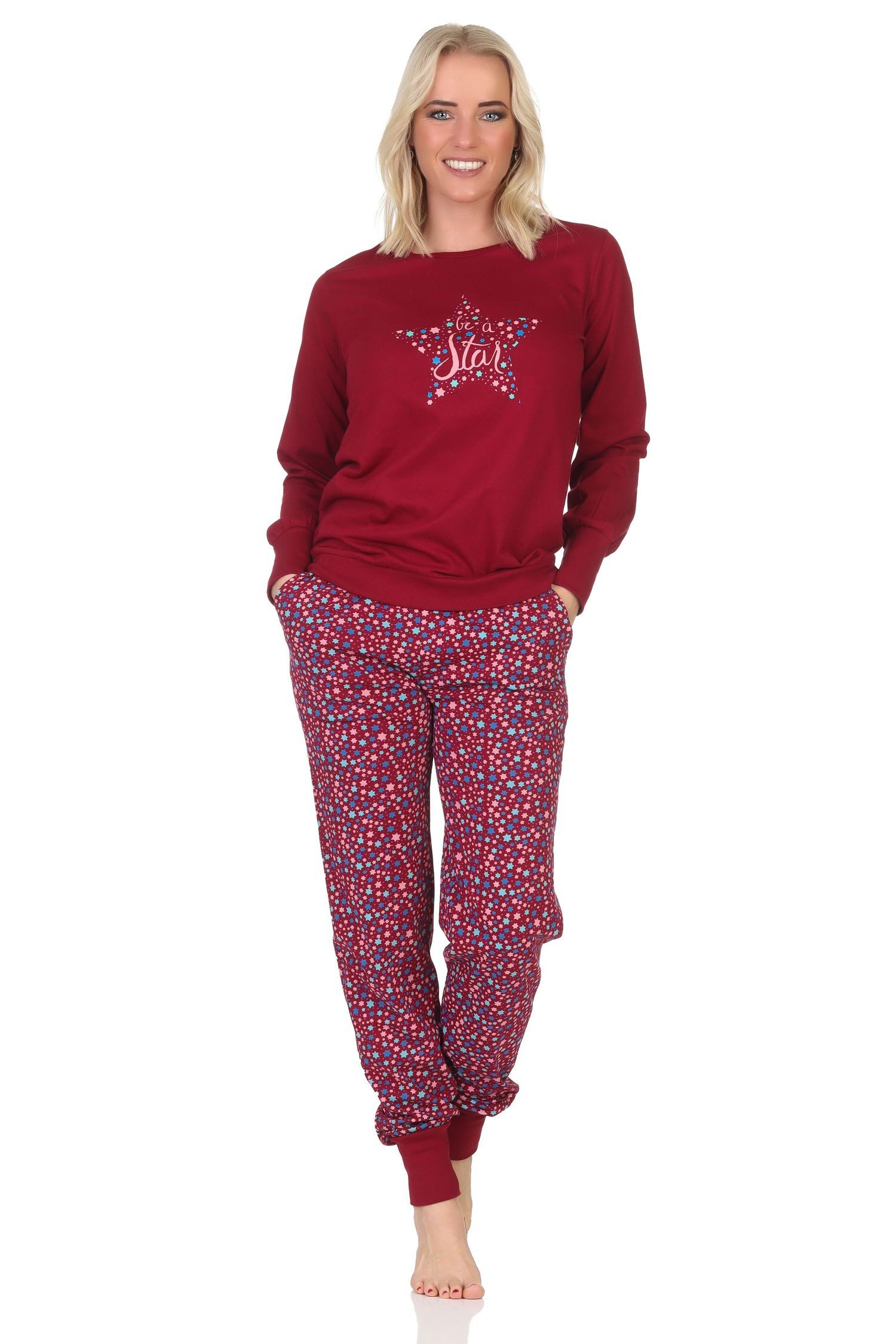 Normann Pyjama Damen Schlafanzug langarm mit Bündchen in Sterne Optik