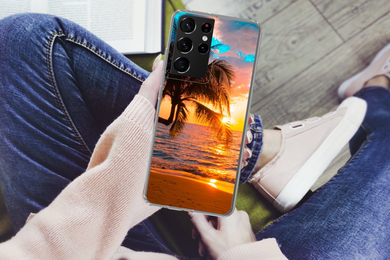 MuchoWow Handyhülle für Samsung Galaxy S21 Ultra Palme - Sonnenuntergang - Horizont - Stra, Phone Case, Silikon, Schutzhülle Dünn